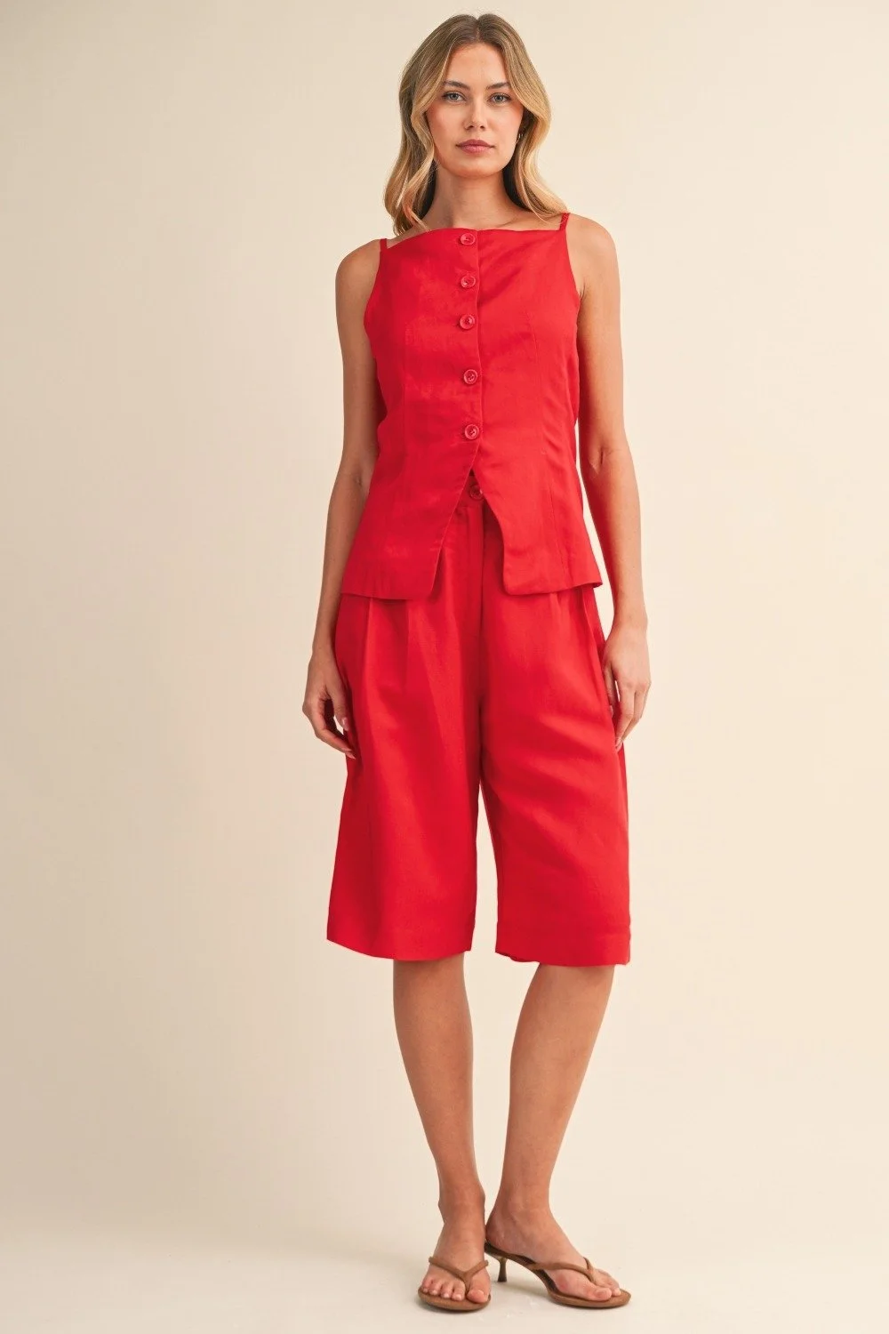 Linen Button Vest & Culotte Shorts Set Red