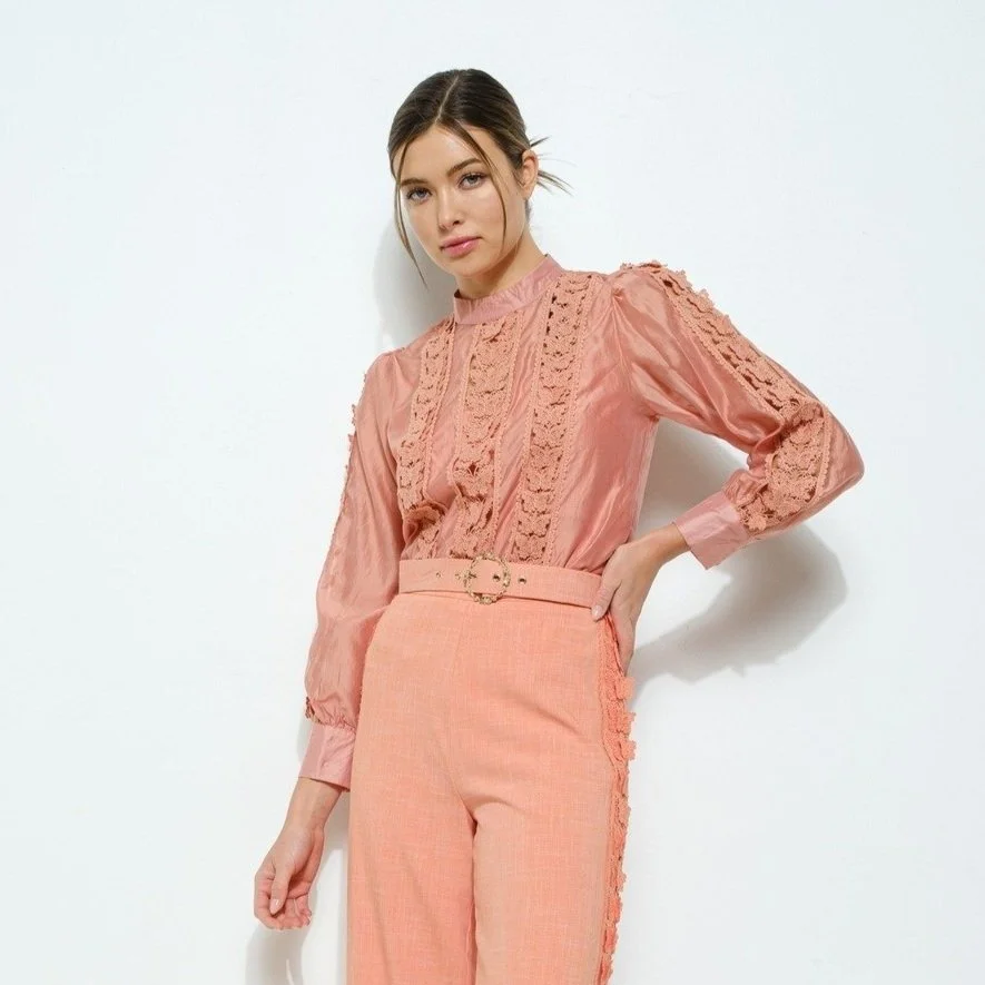 Butterfly Lace Trim Blouse Apricot