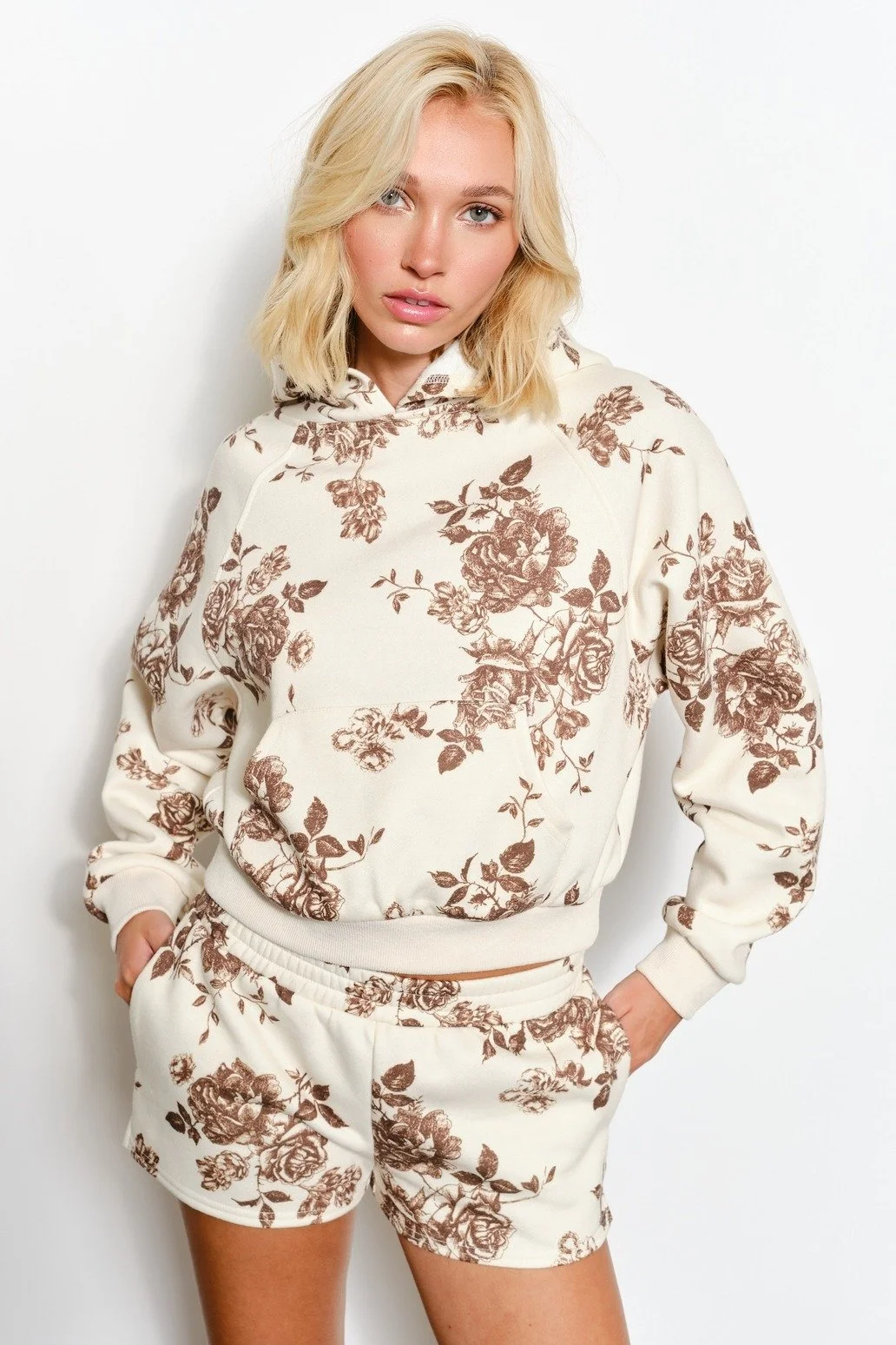 Ida Floral Print Hoodie Cream & Brown