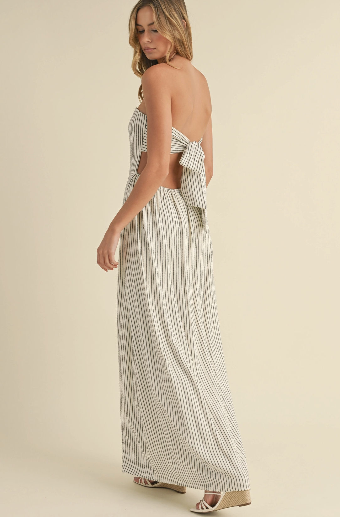 Strapless Tie Back Maxi Dress Linen Stripe