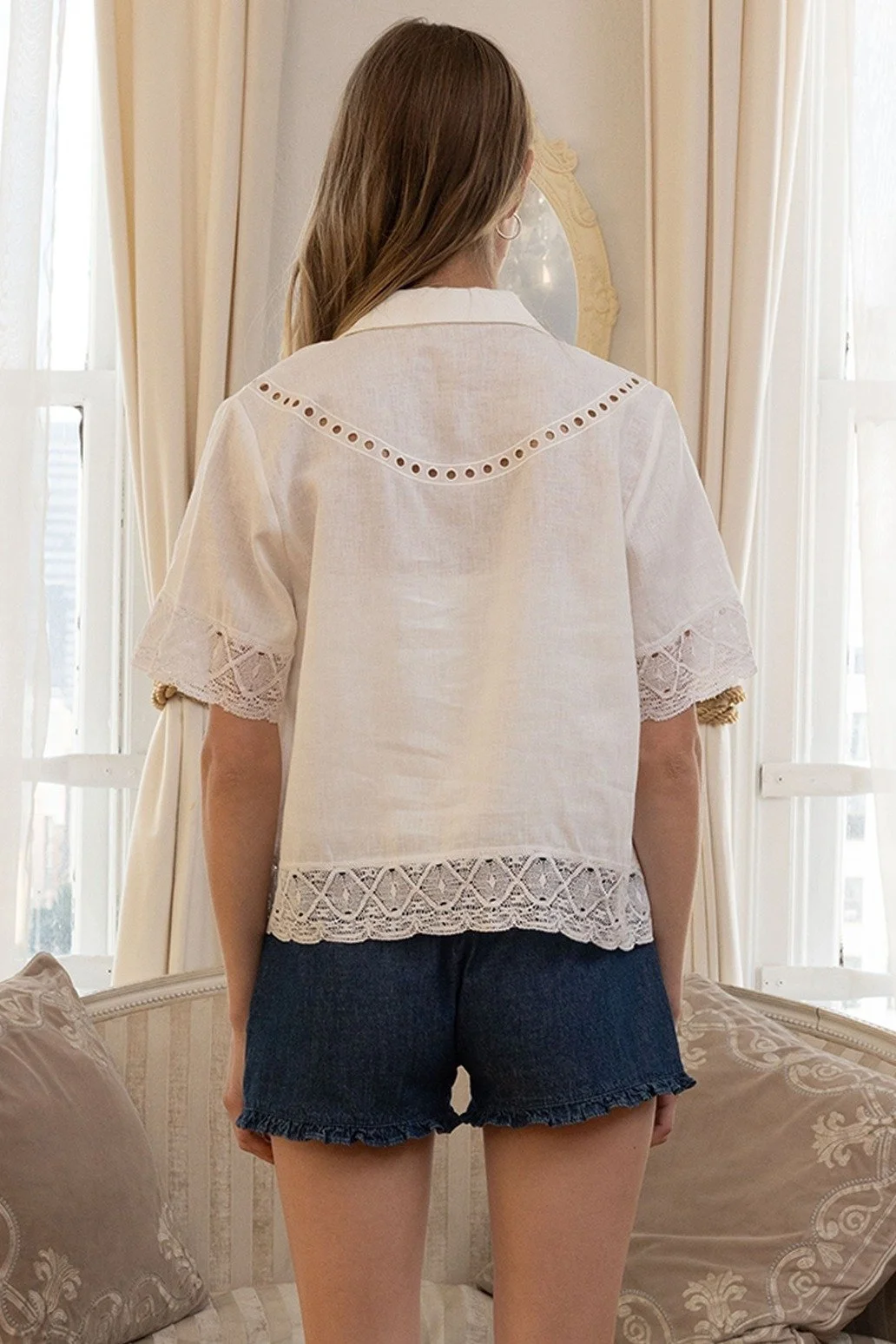 Embroidered Lace Trim Button Blouse White