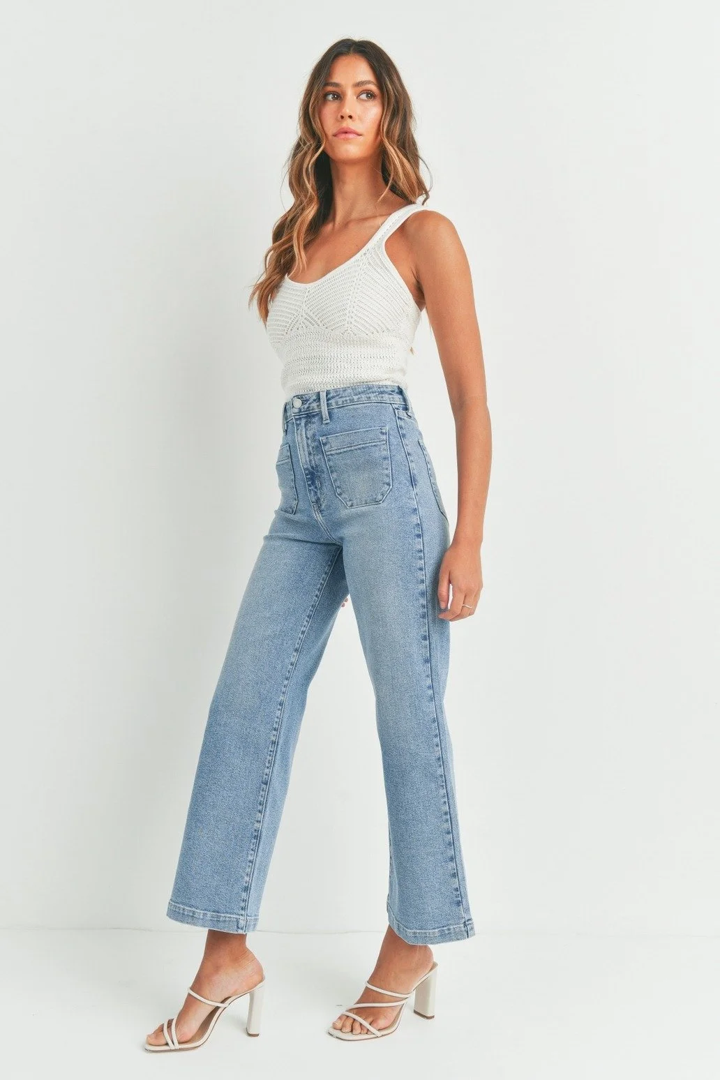 Patch Pocket Wide Leg Jeans Light Denim