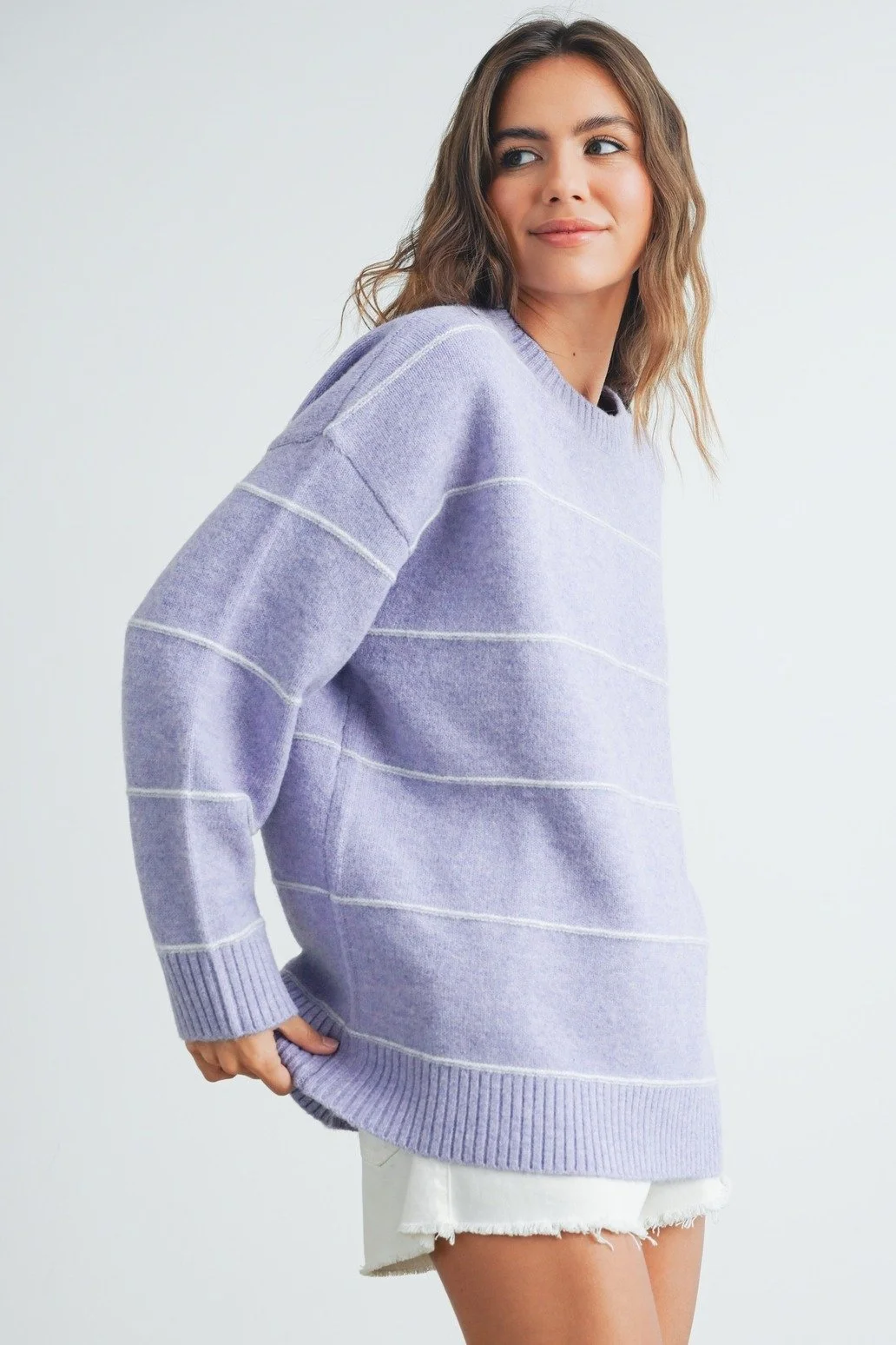 Relaxed Drop Shoulder Sweater Lavender Stripe