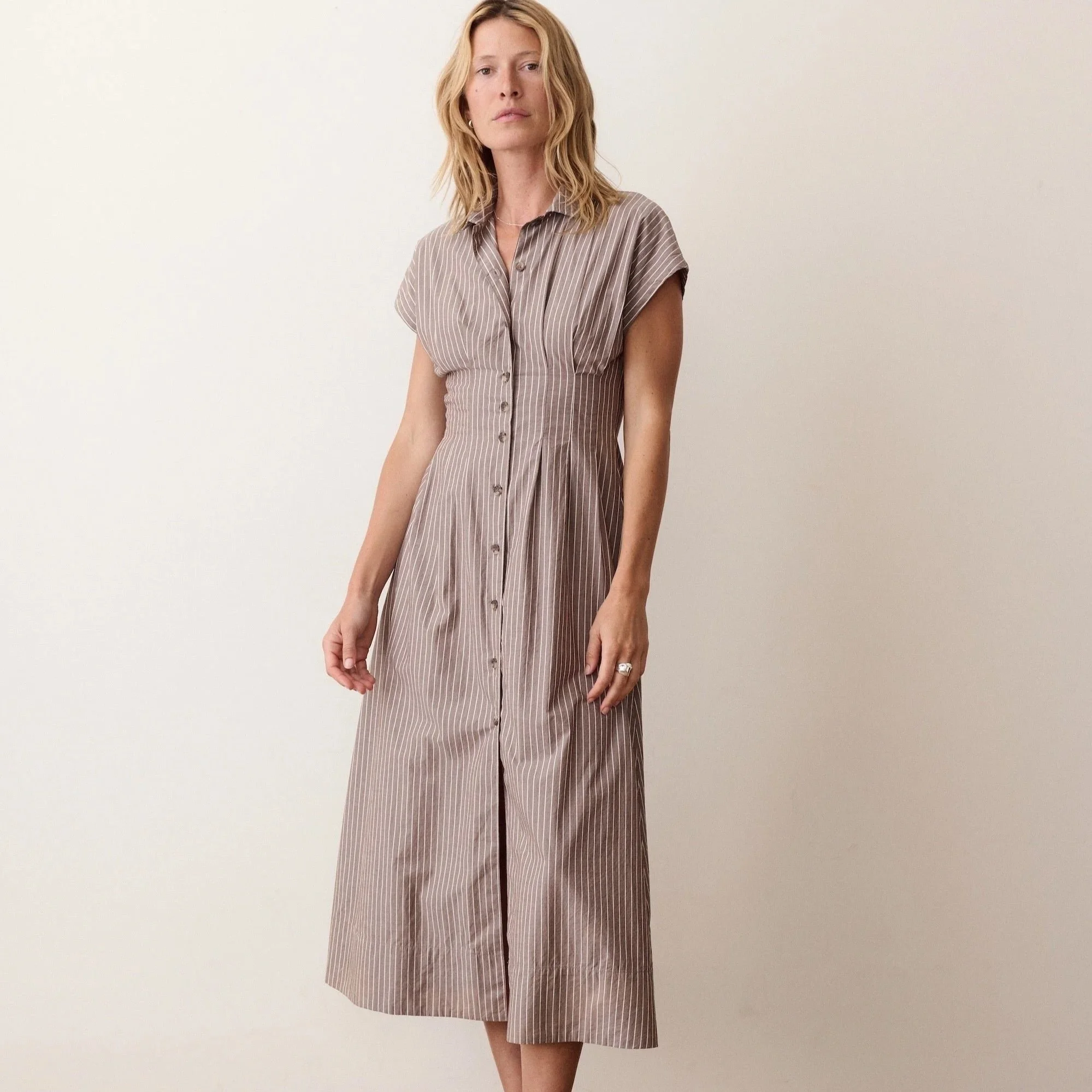 Marine Layer Arden Midi Shirt Dress Chocolate & Cream Stripe