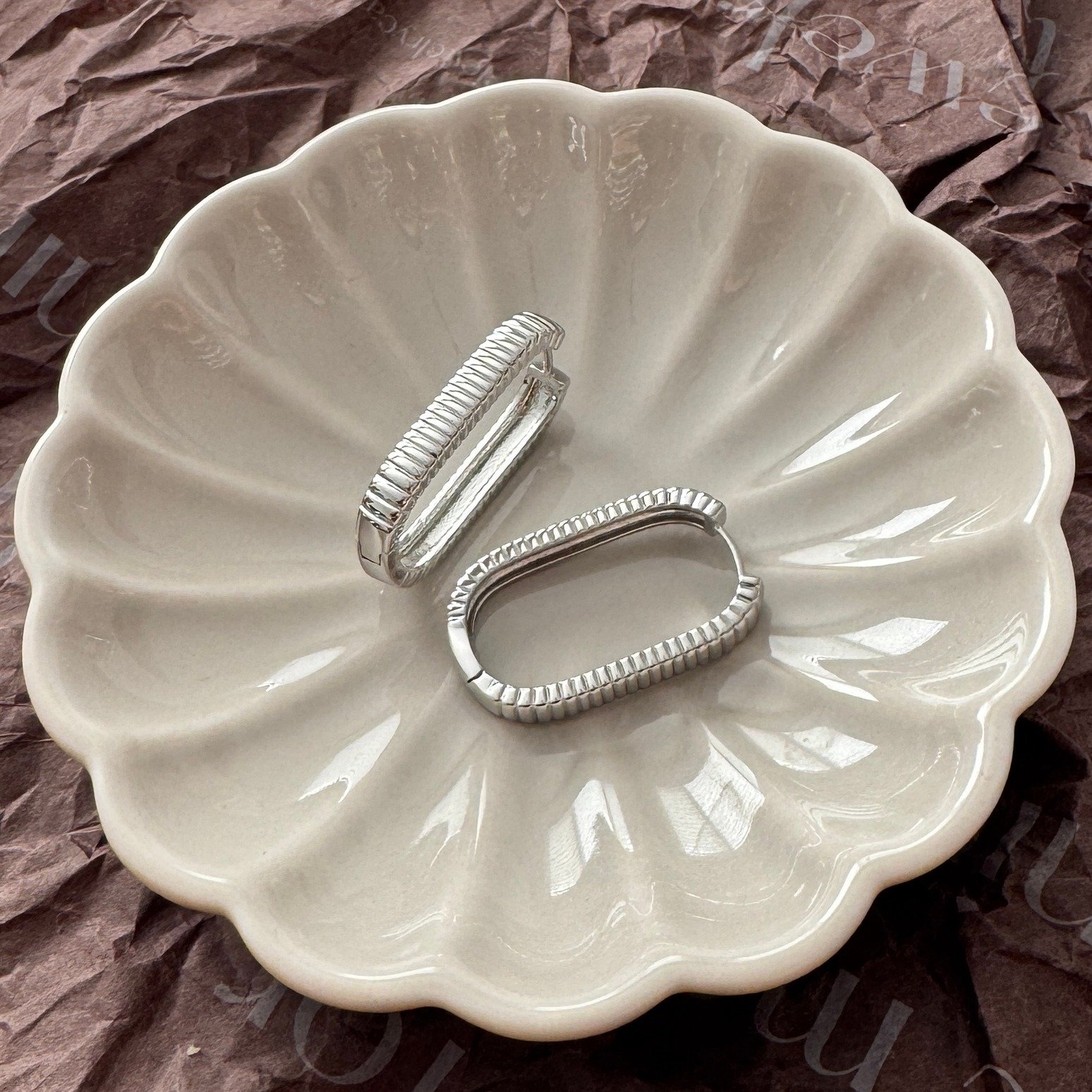 Large Ray Ribbed Earrings Silver