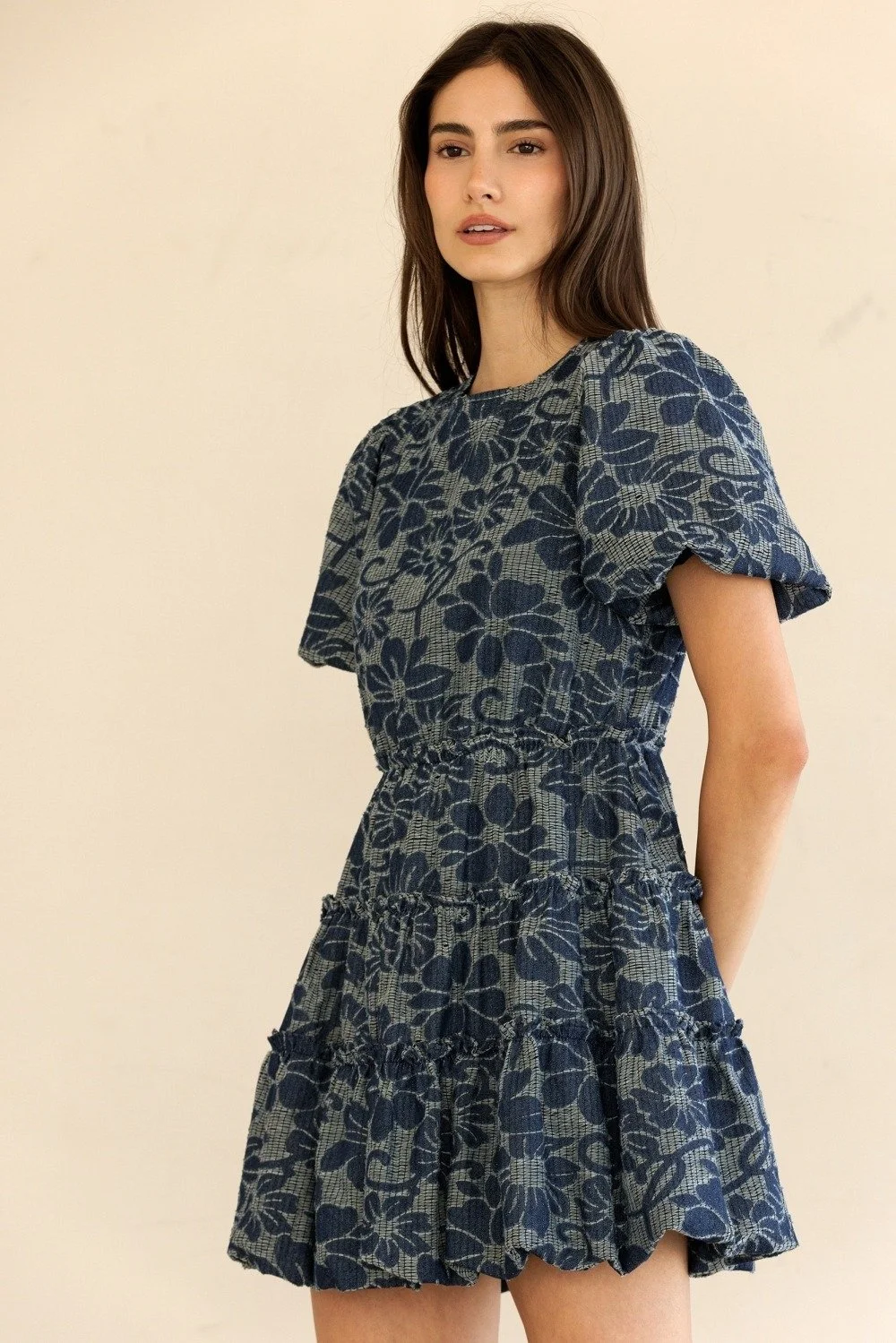 Puff Sleeve Tiered Mini Dress Indigo Floral