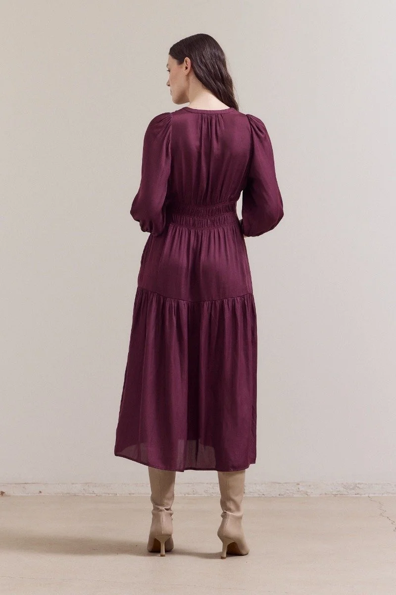 3/4 Sleeve Satin Midi Dress Plum Wine