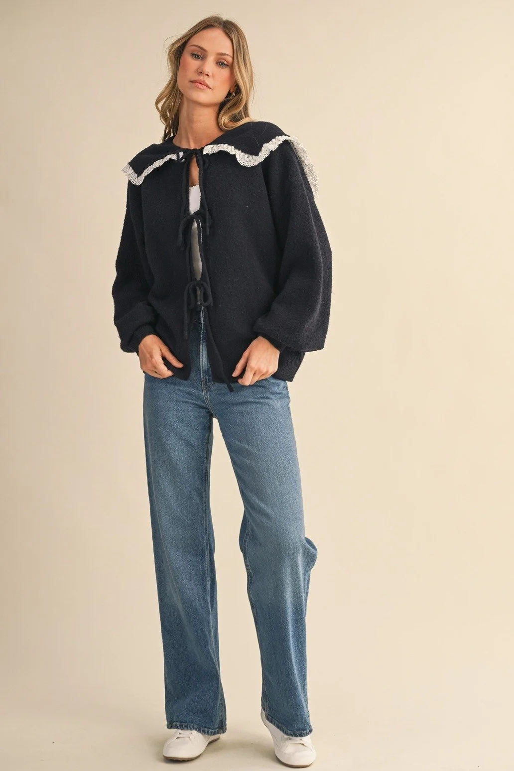 Lace Trim Tie Front Collared Cardigan - Navy