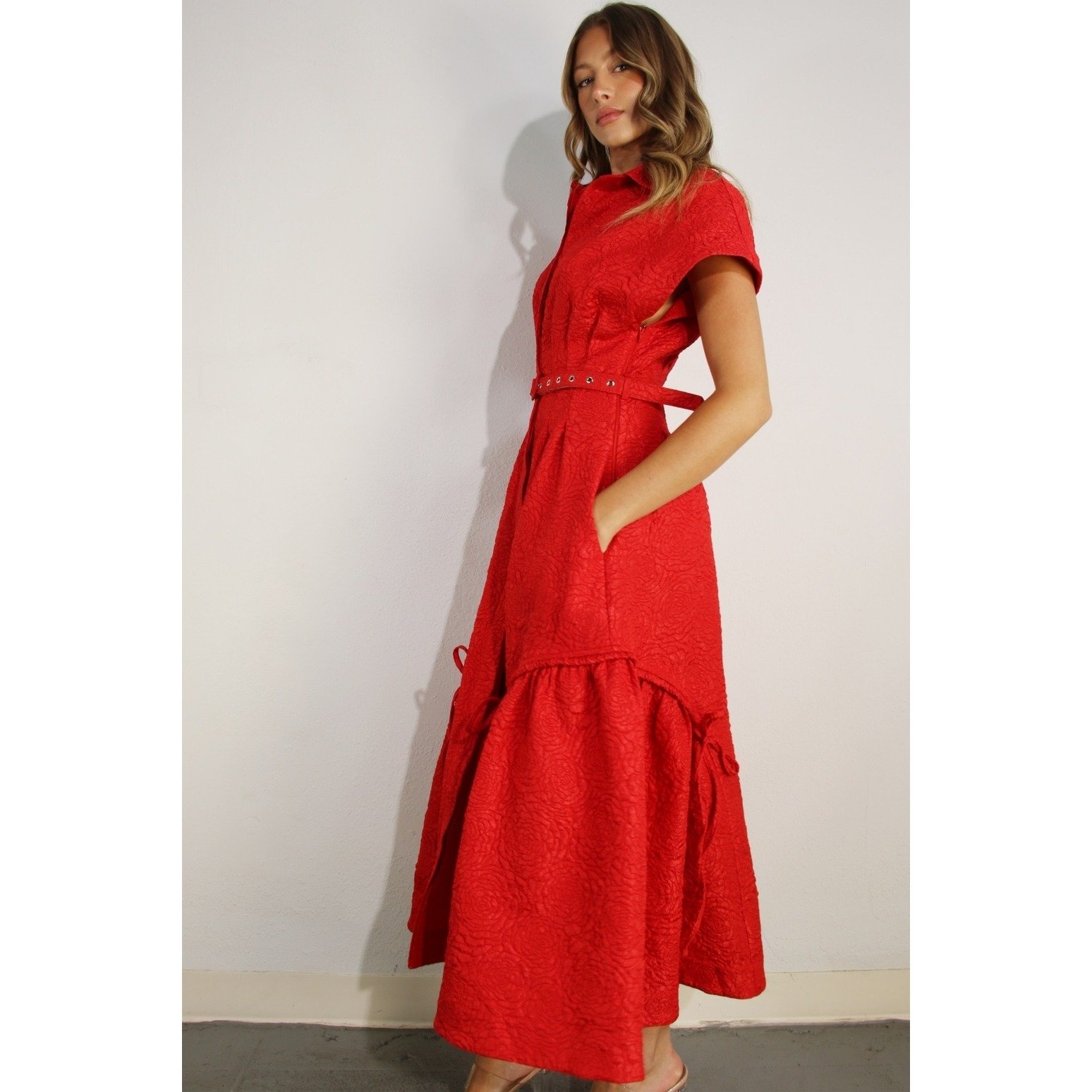 Floral Embossed Button Dress Red