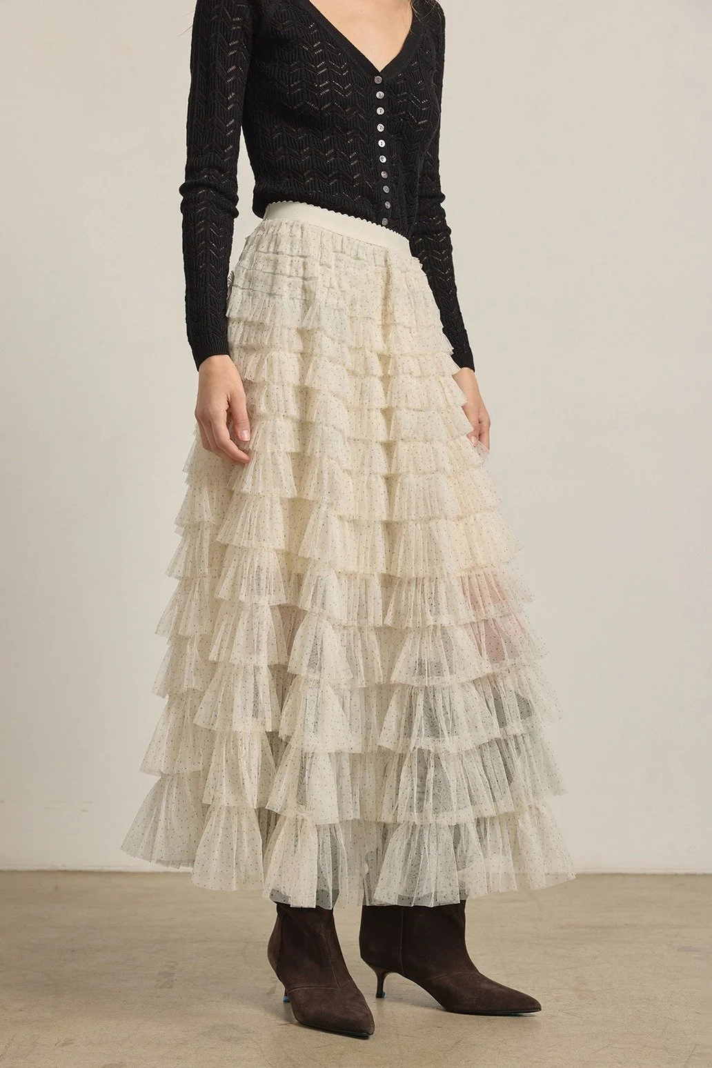 Layered Tulle Maxi Skirt Cream Polka Dot