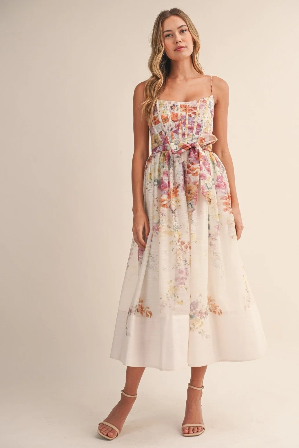 Organza Corset Midi Dress Watercolor Floral