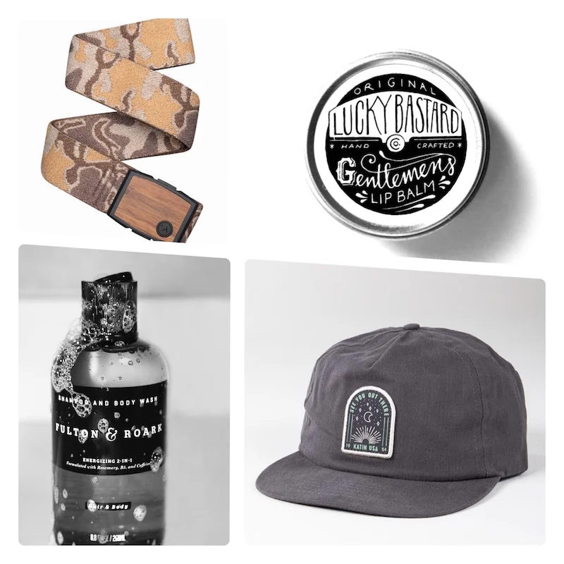 Slept through your alarm? The Vision Belt is TSA approved, getting you through the airport in a flash. ($32) Protect your kisser with natural SPF Gentlemen’s Lip Balm . ($8) Style, comfort and function. Mystic Hat ($30) One and done. 2-in-1 Shampoo and Body Wash ($20)