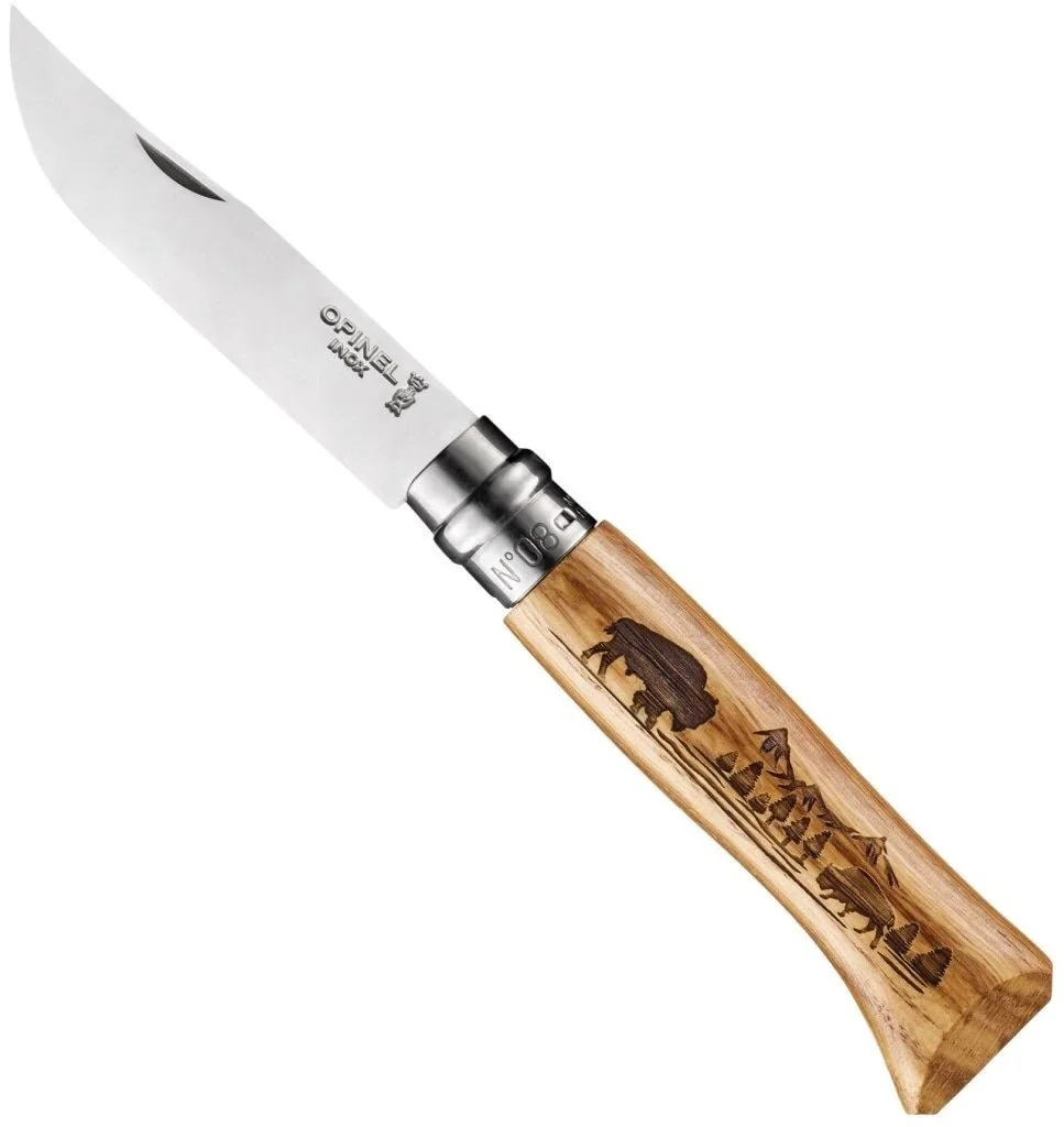 No.08 Oak Engraved Handle Folding Knife Bison