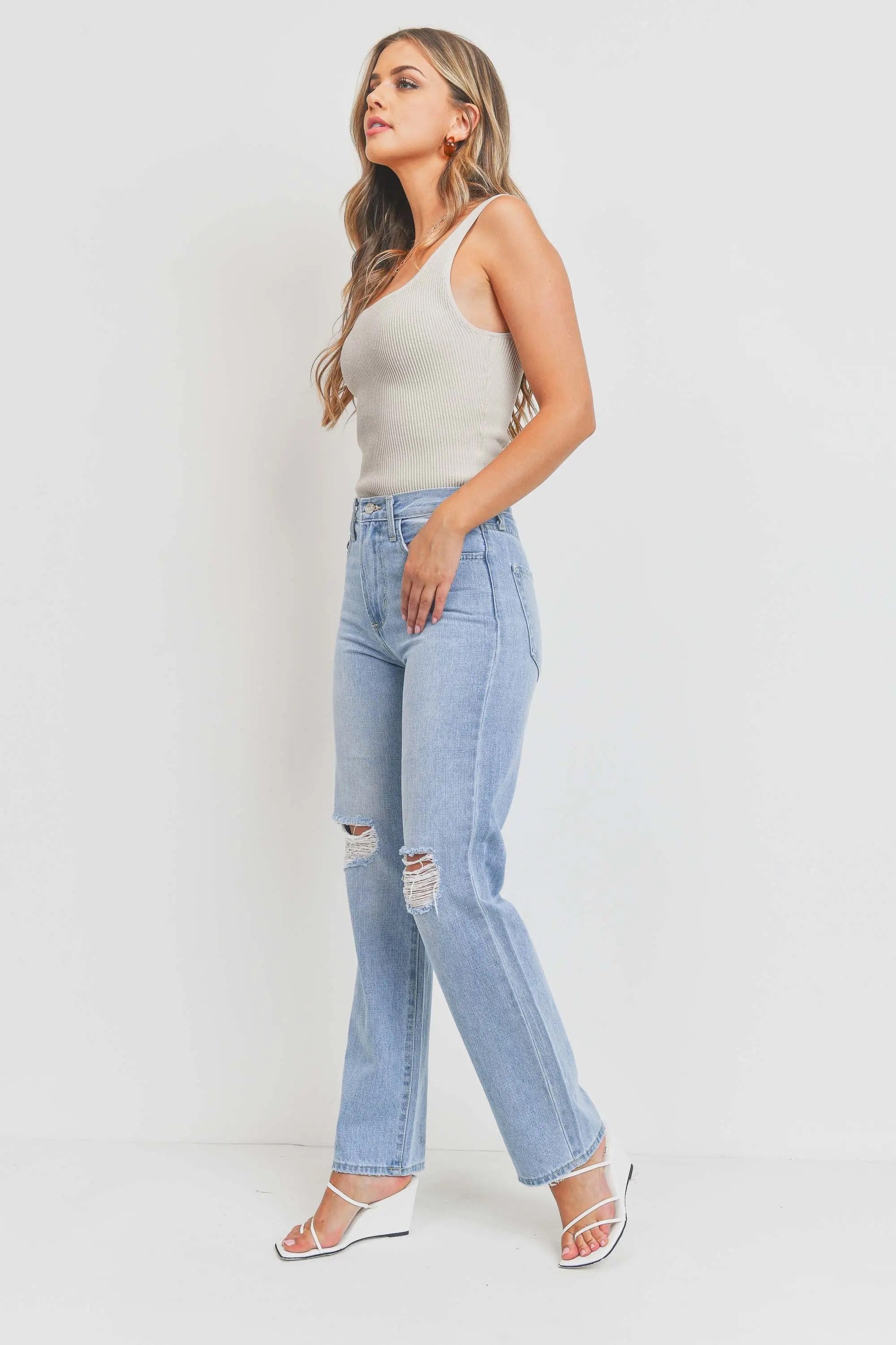 Knee Distressed Long Straight Jean