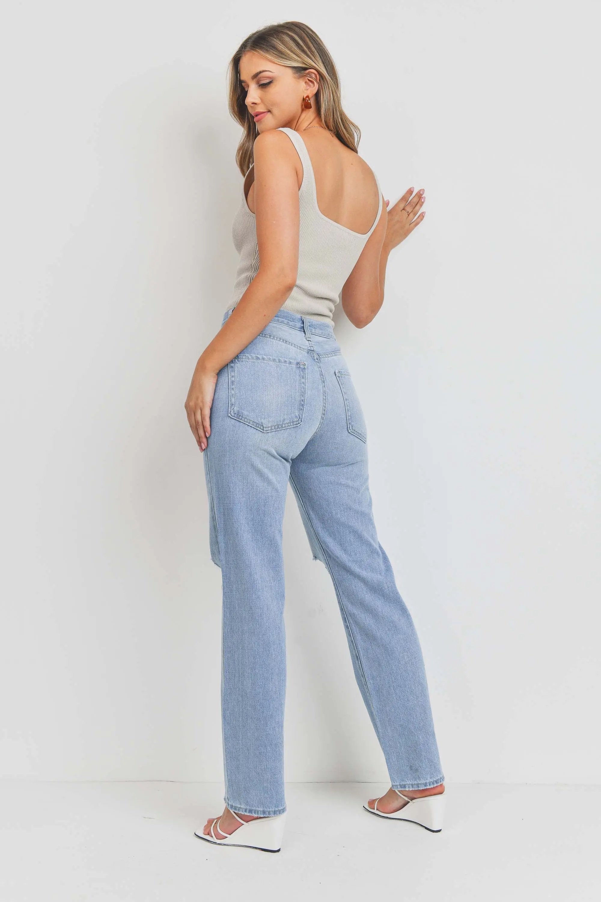 Knee Distressed Long Straight Jean