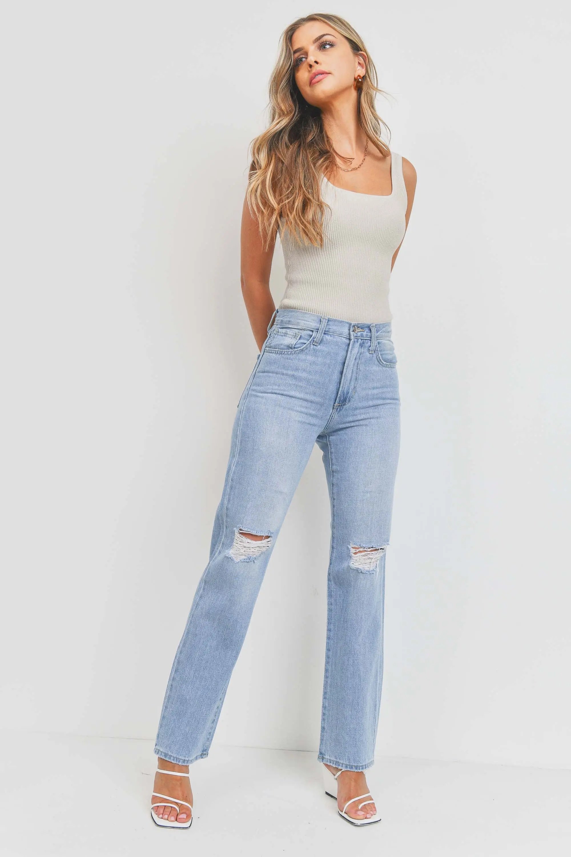Knee Distressed Long Straight Jean