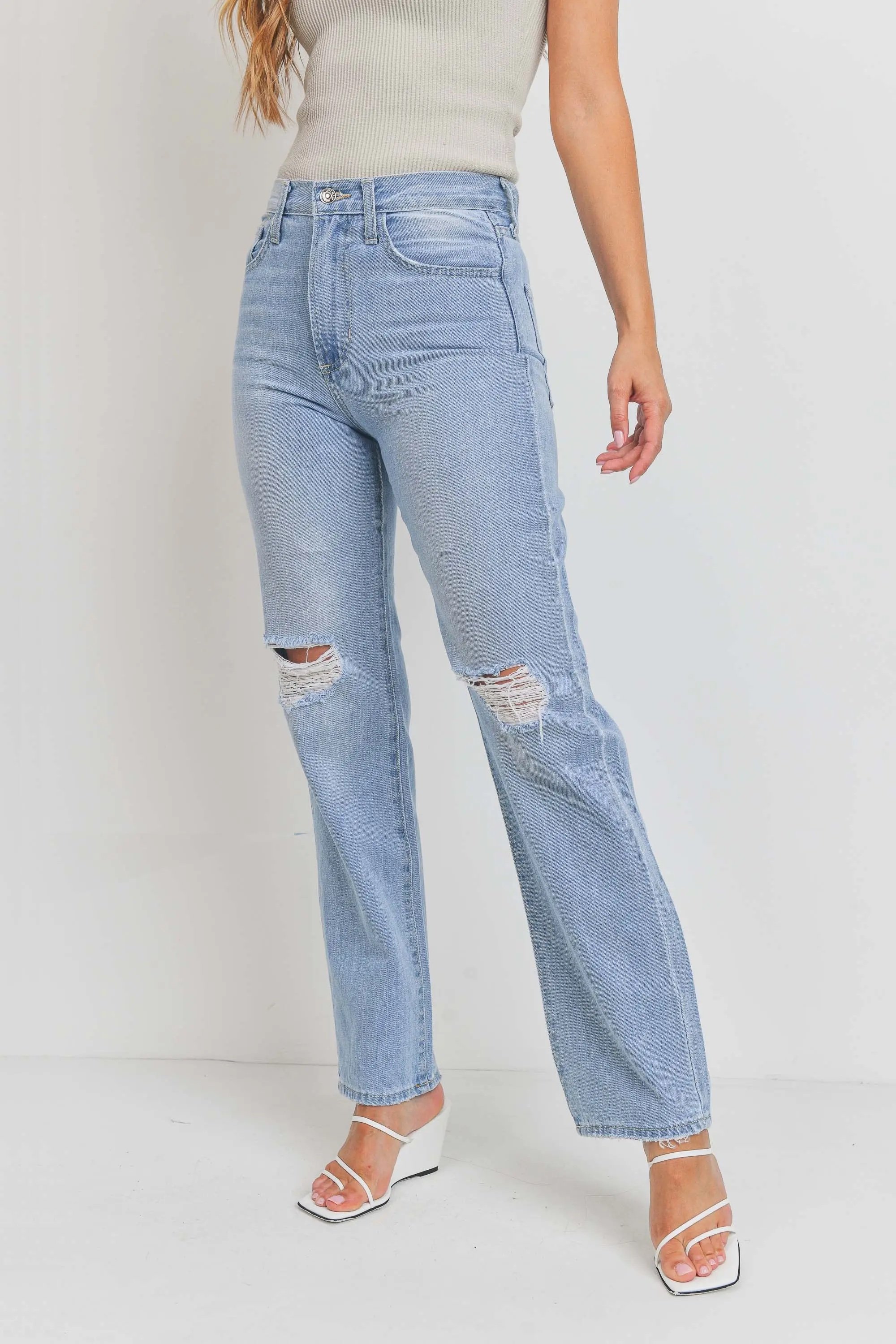 Knee Distressed Long Straight Jean
