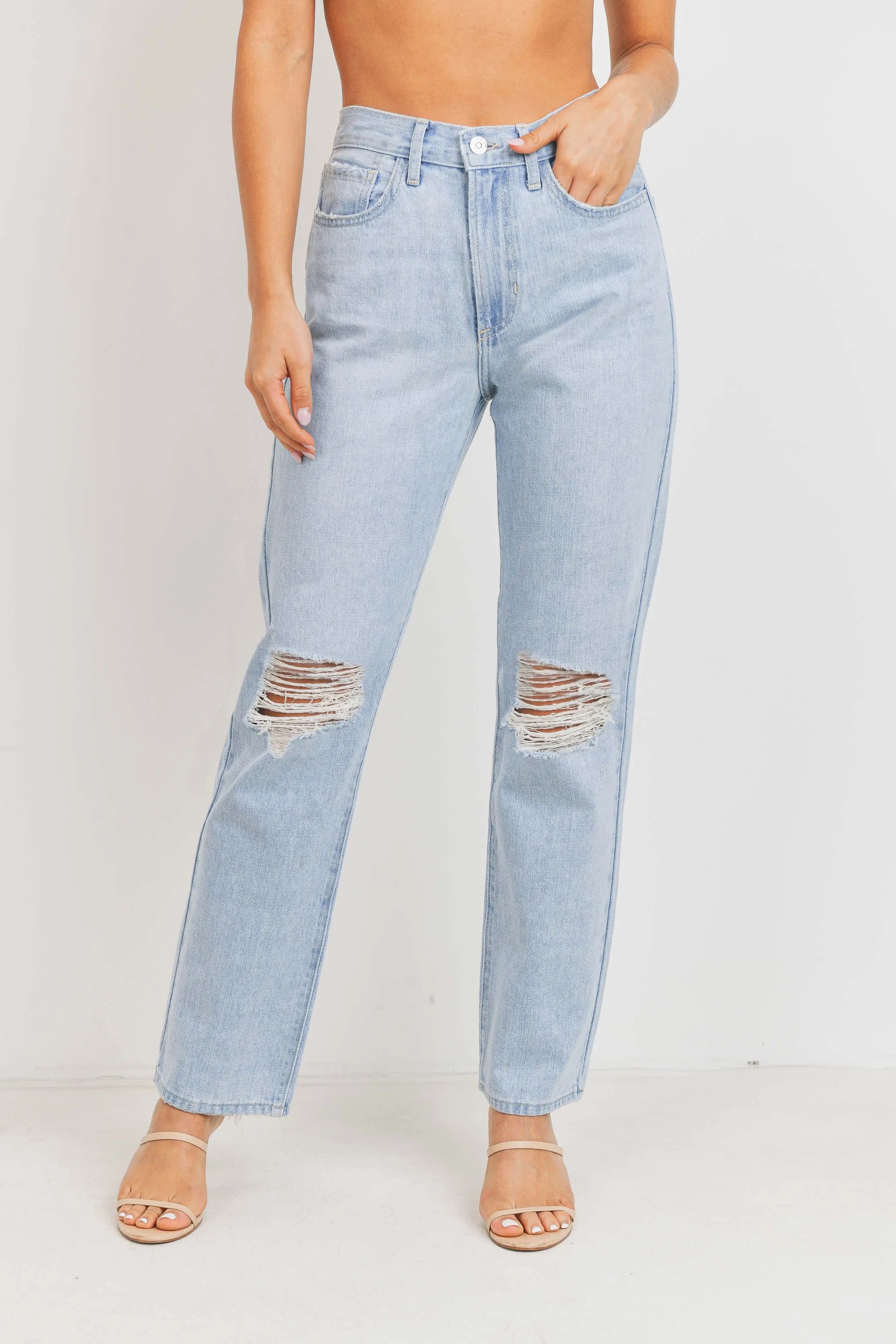 Knee Distressed Long Straight Jean