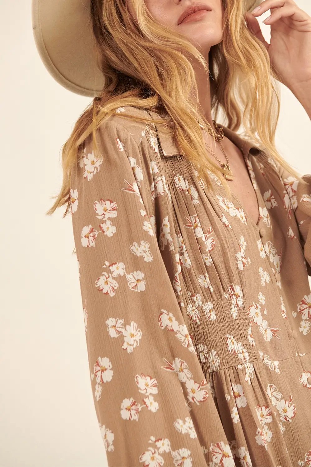 Taupe Floral Babydoll Mini Dress