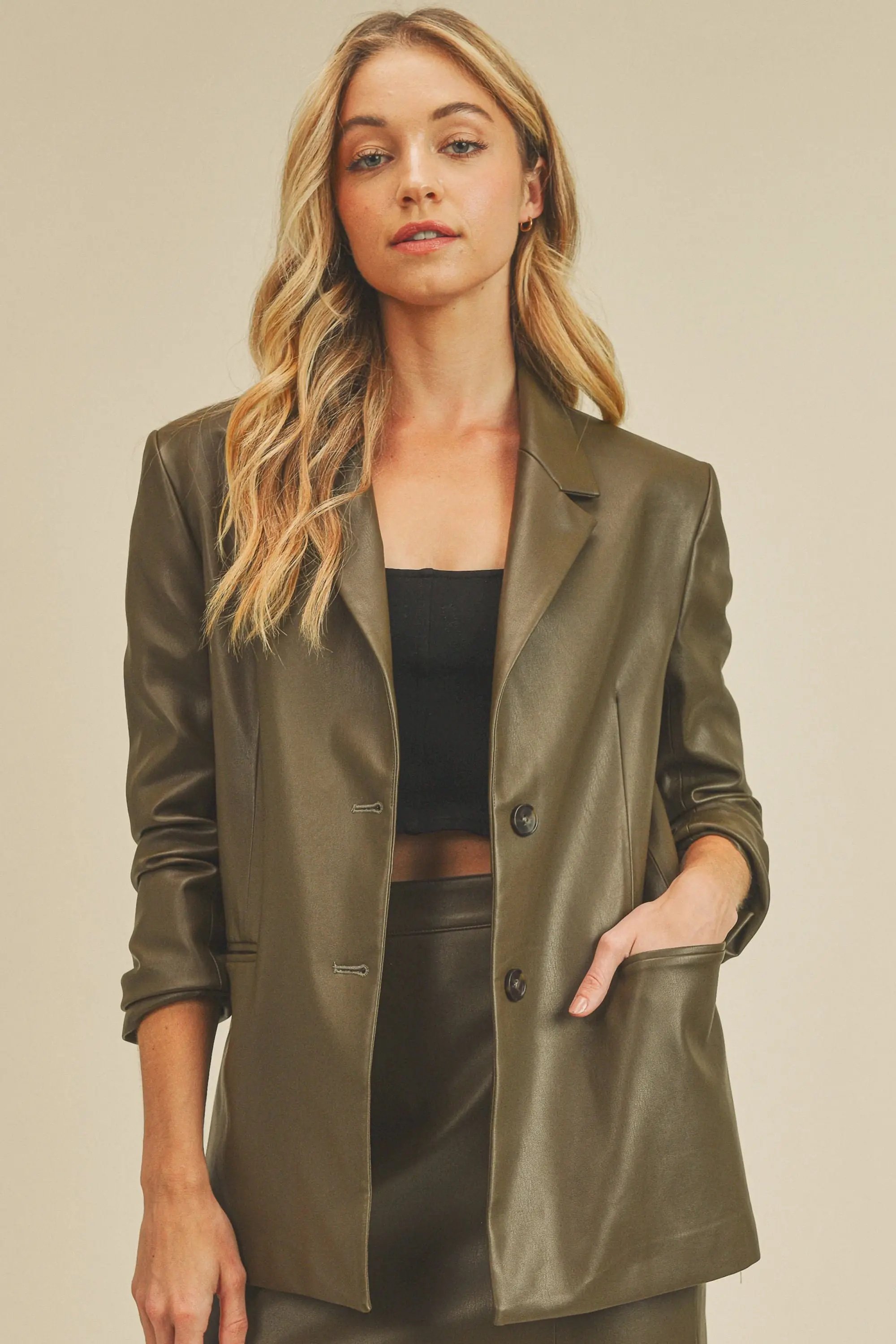 Faux Leather Blazer Olive