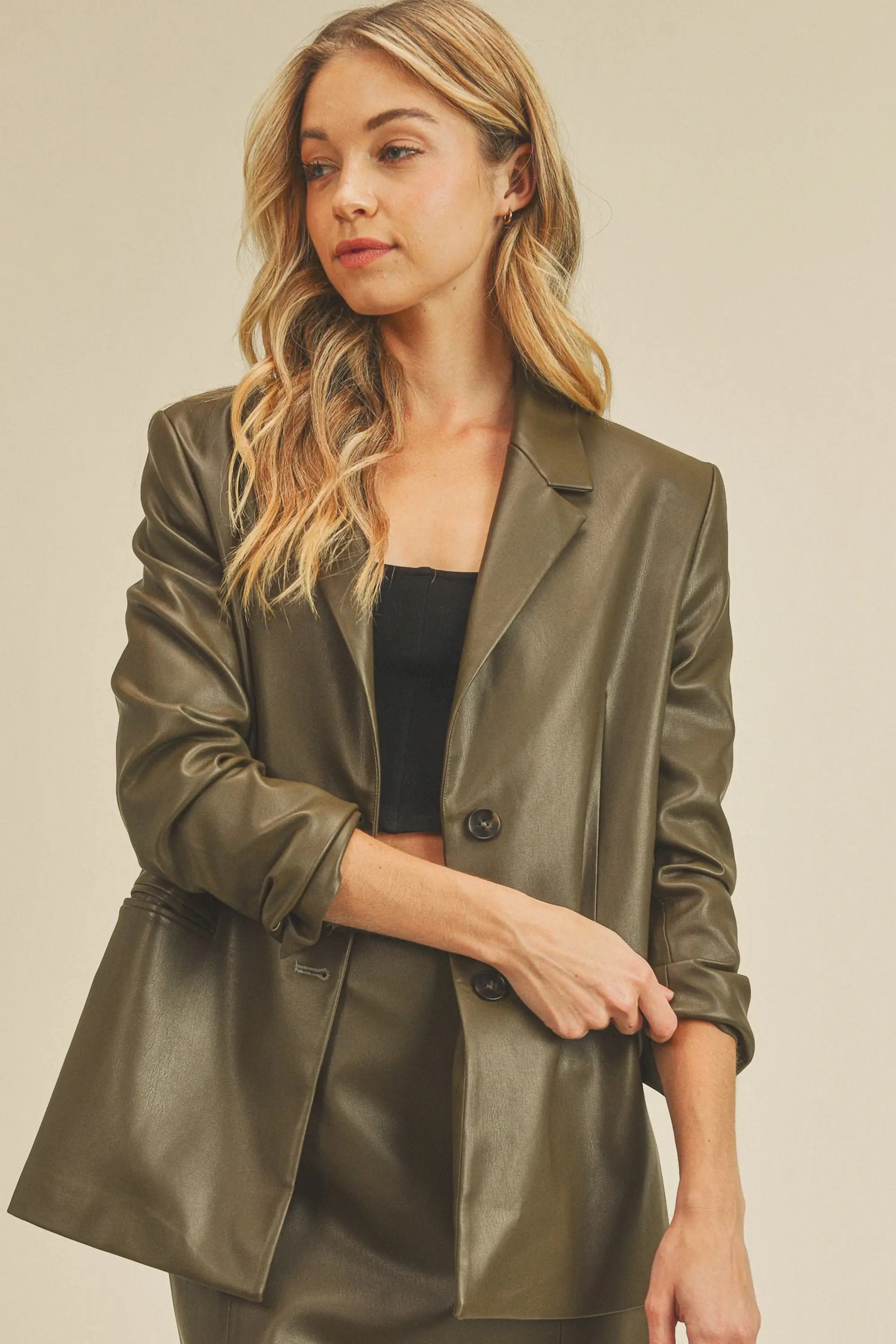 Faux Leather Blazer Olive