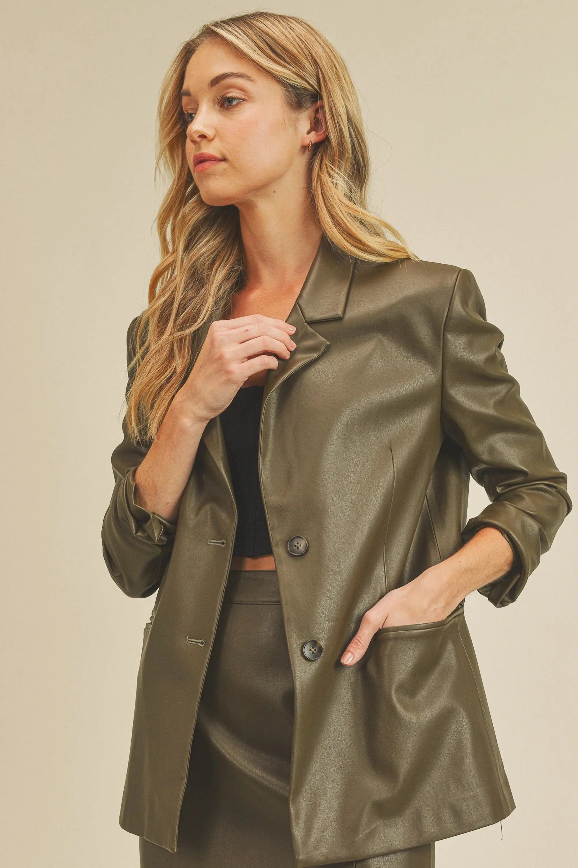 Faux Leather Blazer Olive