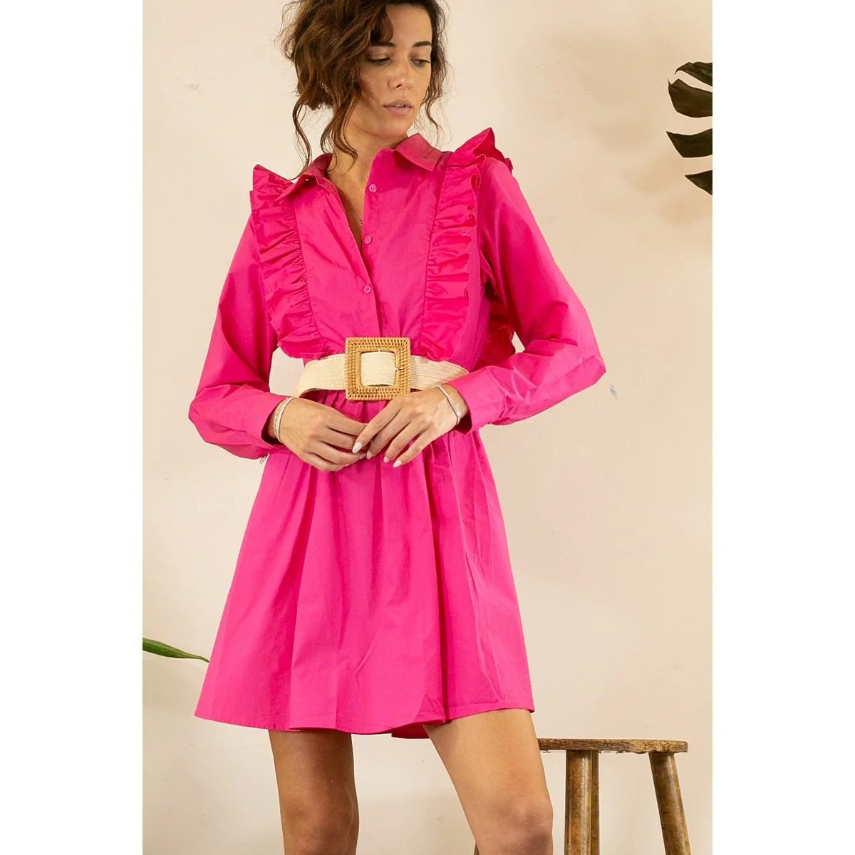 Fuchsia Ruffled Shirt Dress