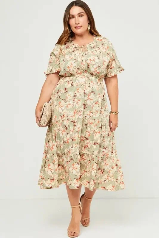 Curvy Sage Floral Ruffled Midi Dress
