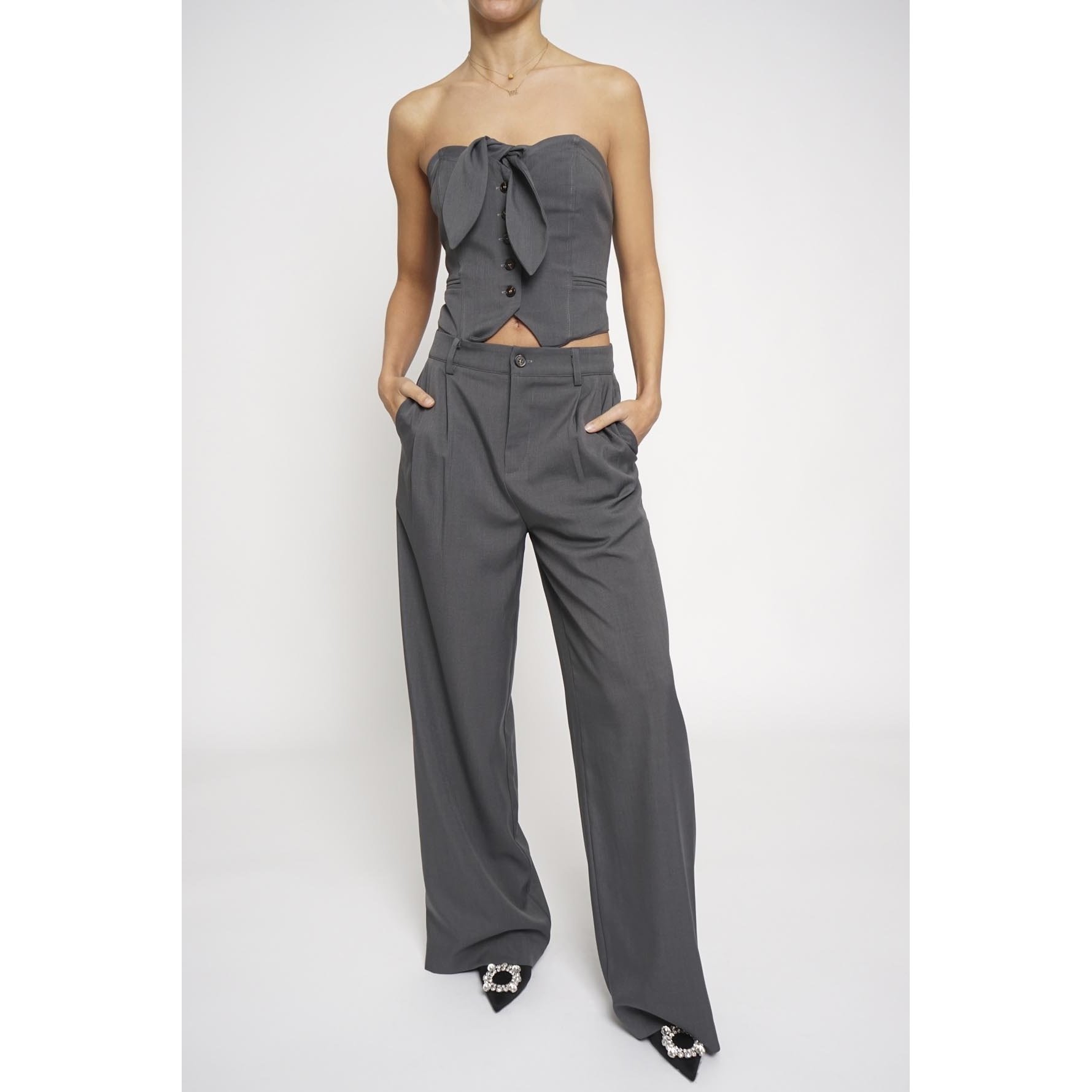 Tie Front Strapless Vest Charcoal