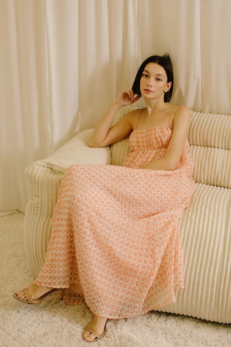 Swiss Dot Maxi Babydoll Dress Peach Gingham
