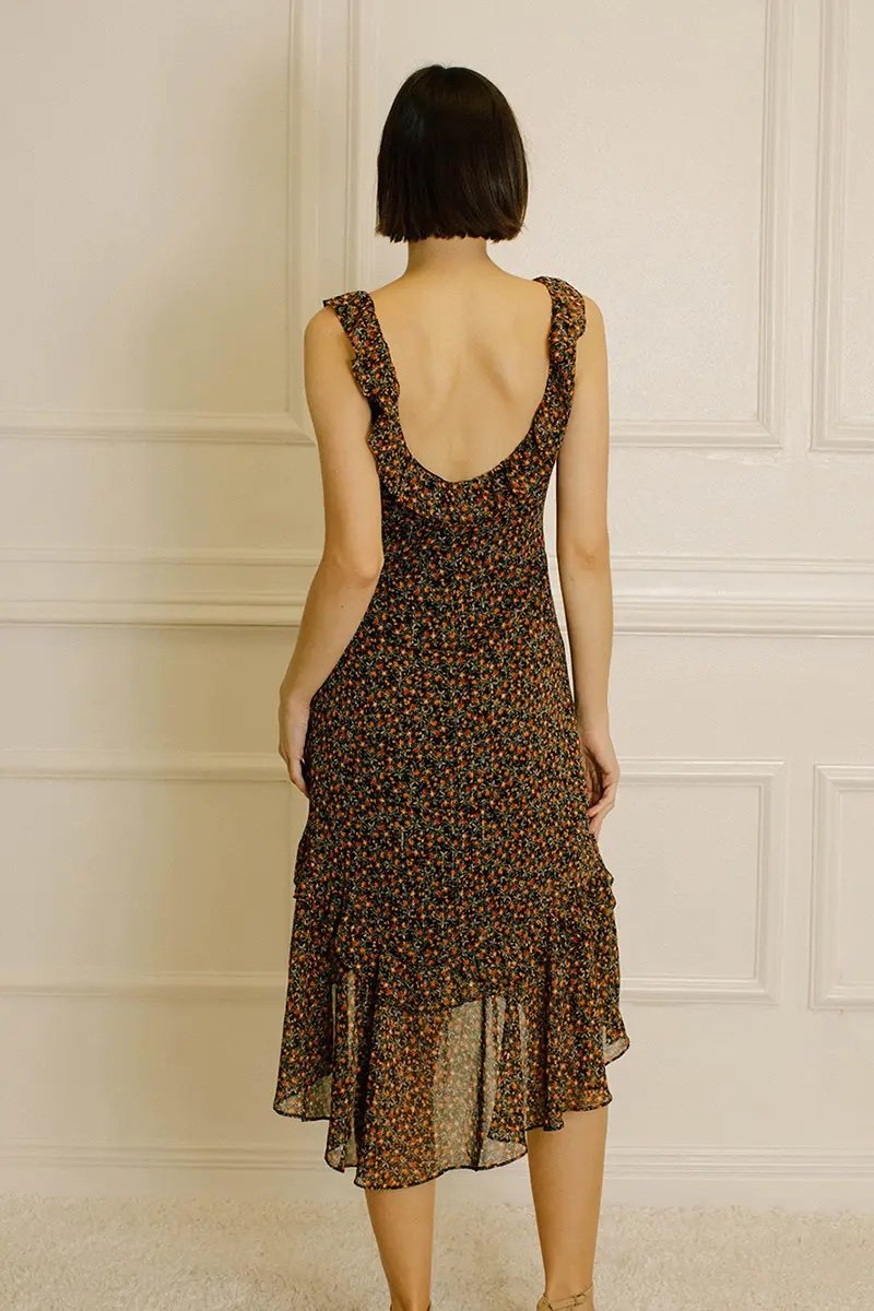 Ruffled Wrap Midi Dress Black Floral