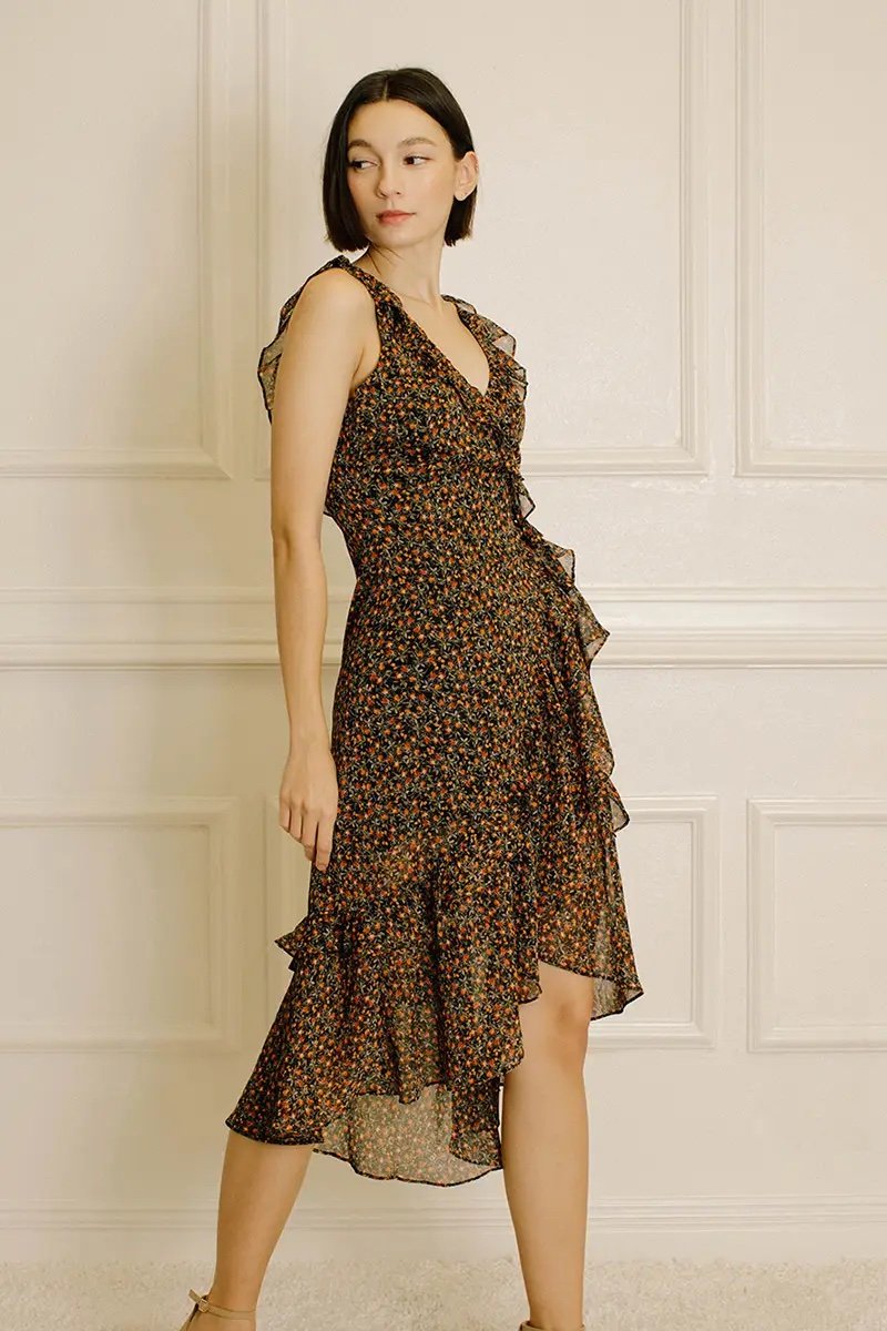 Ruffled Wrap Midi Dress Black Floral
