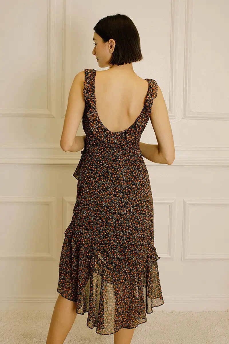 Ruffled Wrap Midi Dress Black Floral