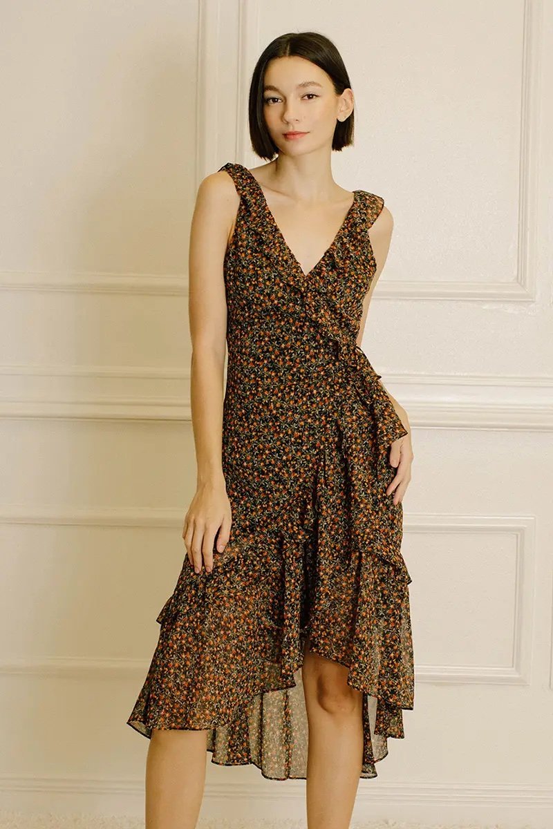 Ruffled Wrap Midi Dress Black Floral