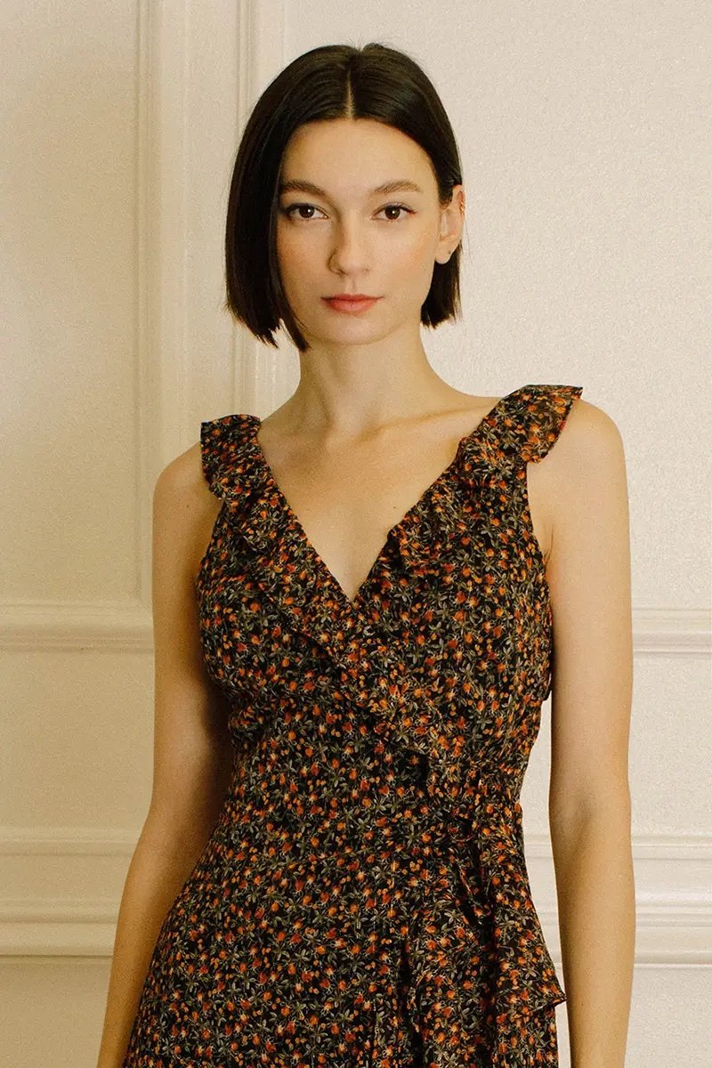 Ruffled Wrap Midi Dress Black Floral