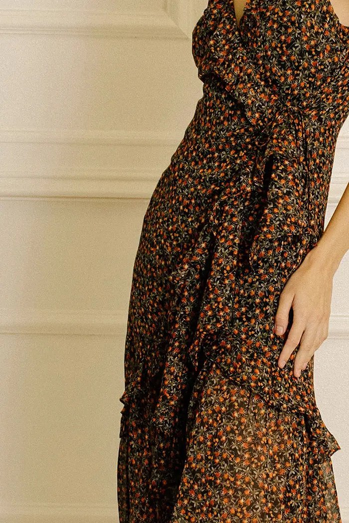 Ruffled Wrap Midi Dress Black Floral