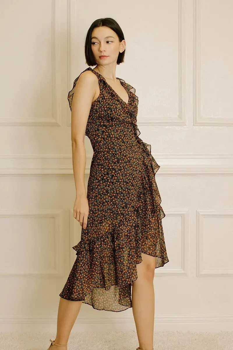 Ruffled Wrap Midi Dress Black Floral