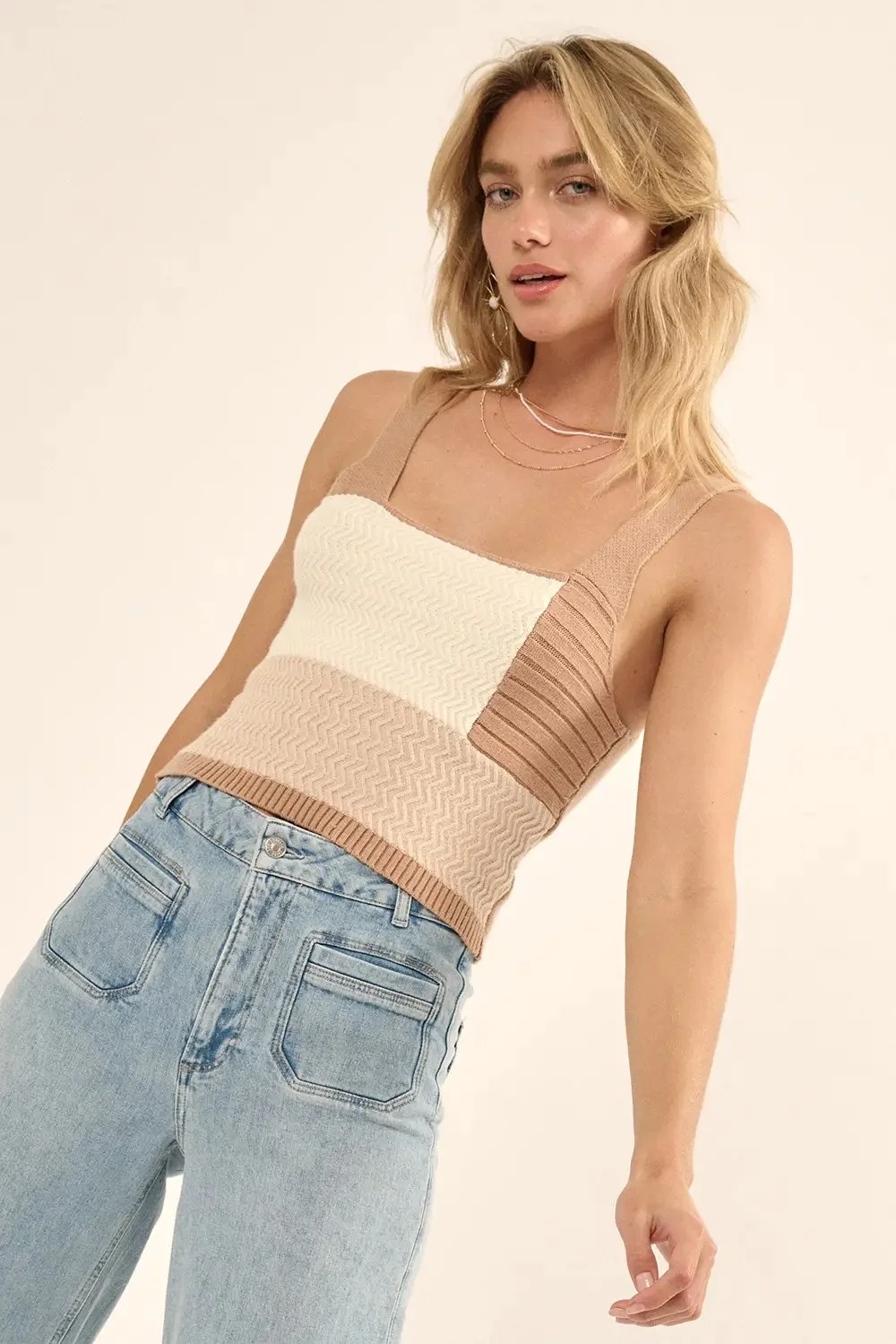 Neutral Colorblock Crop Sweater Tank