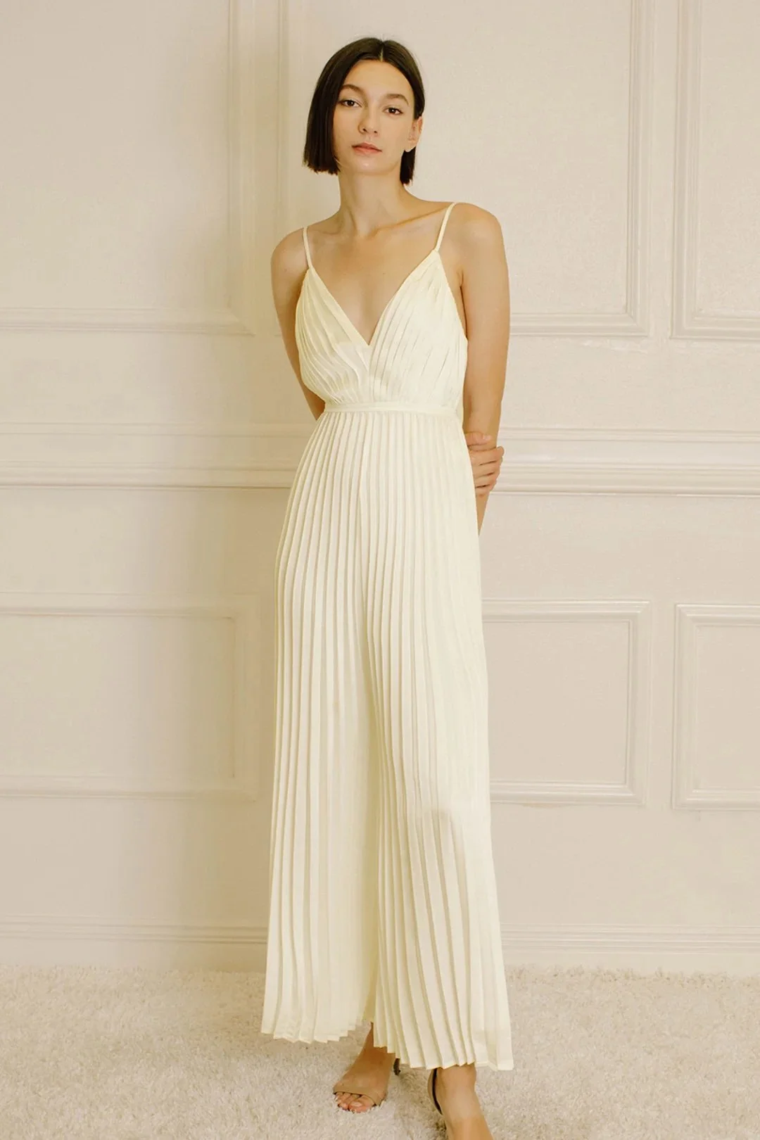 strapless open back dress Tulleen Ivory Palermo Satin Bow Pleated Dress