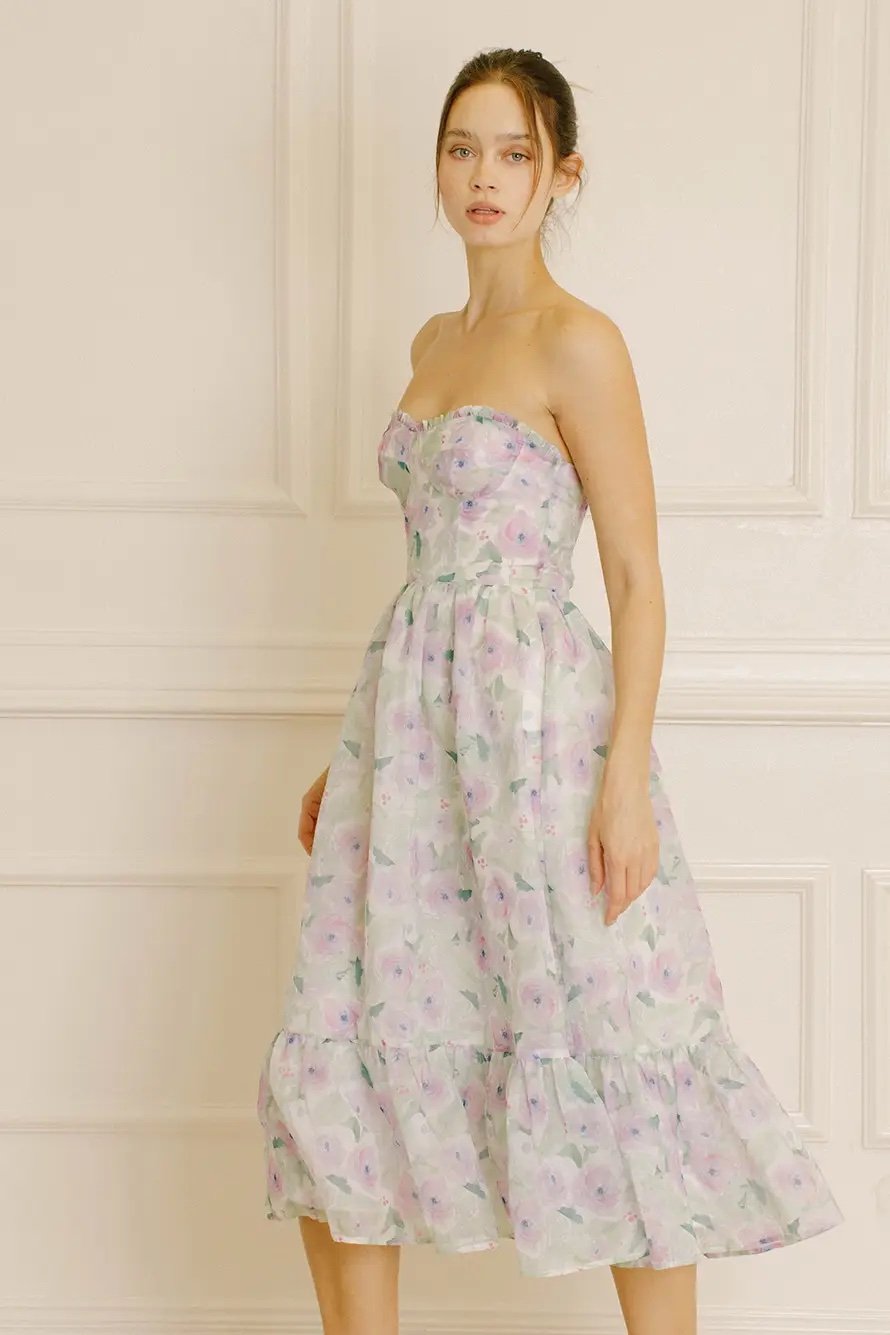 Gabby Lavender Floral Strapless Midi Dress