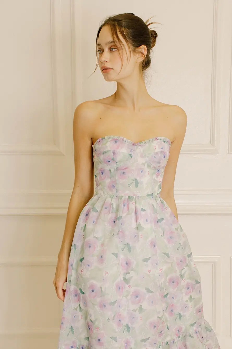 Gabby Lavender Floral Strapless Midi Dress