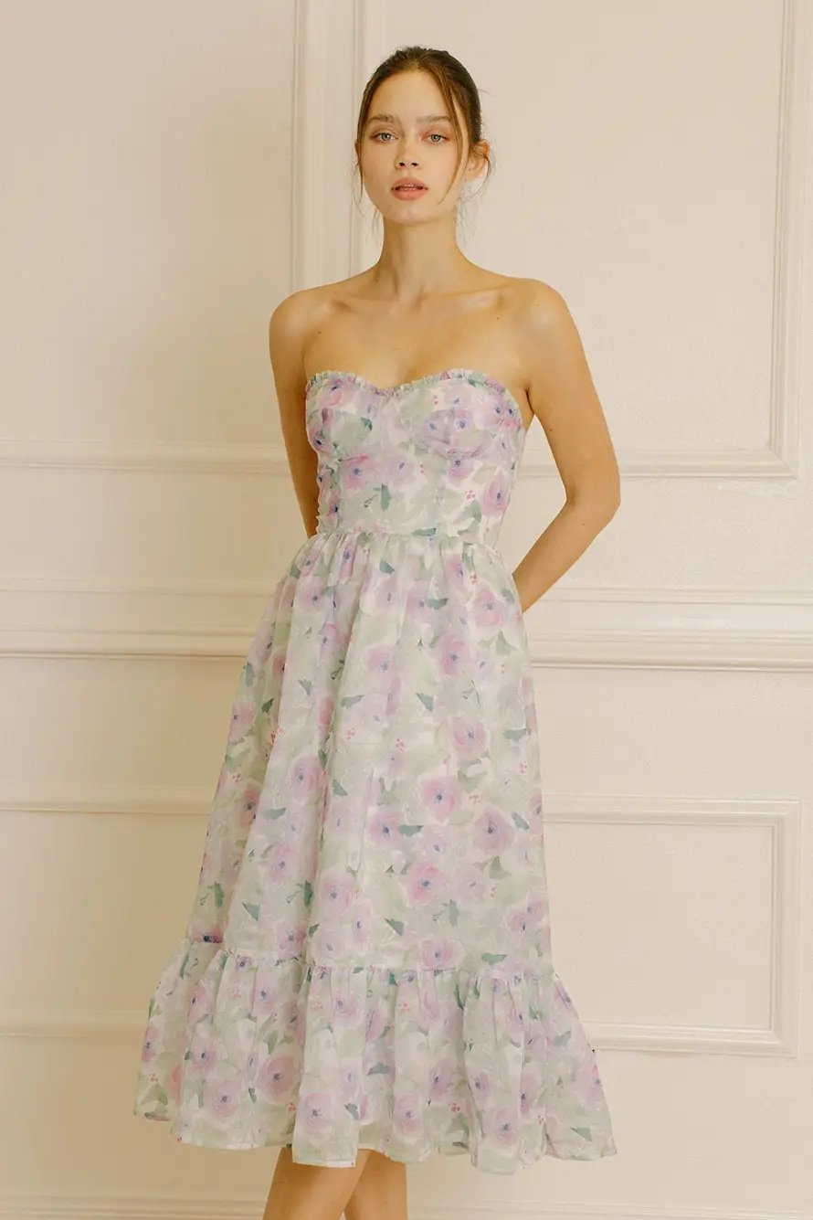 Gabby Lavender Floral Strapless Midi Dress