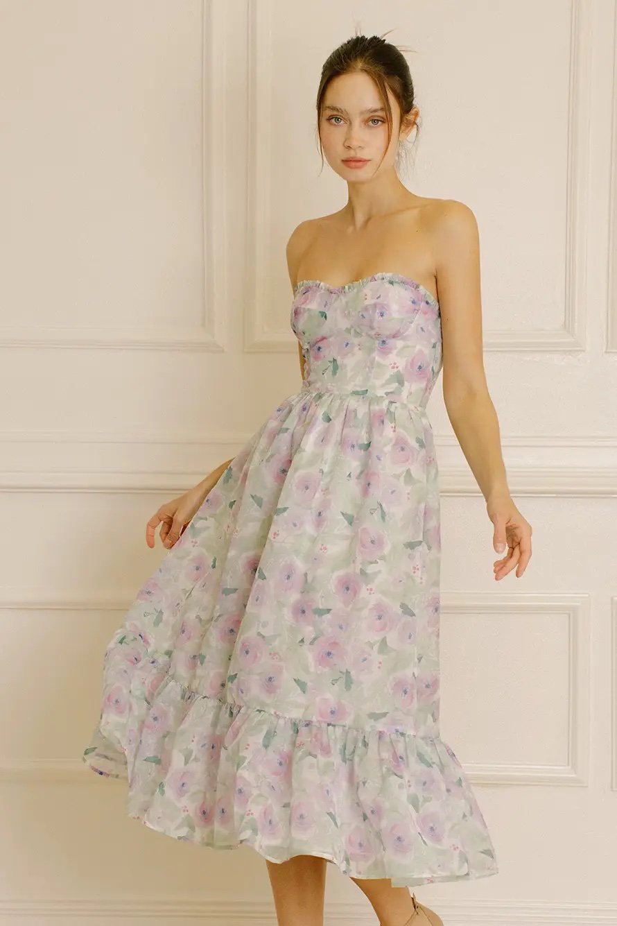 Gabby Lavender Floral Strapless Midi Dress