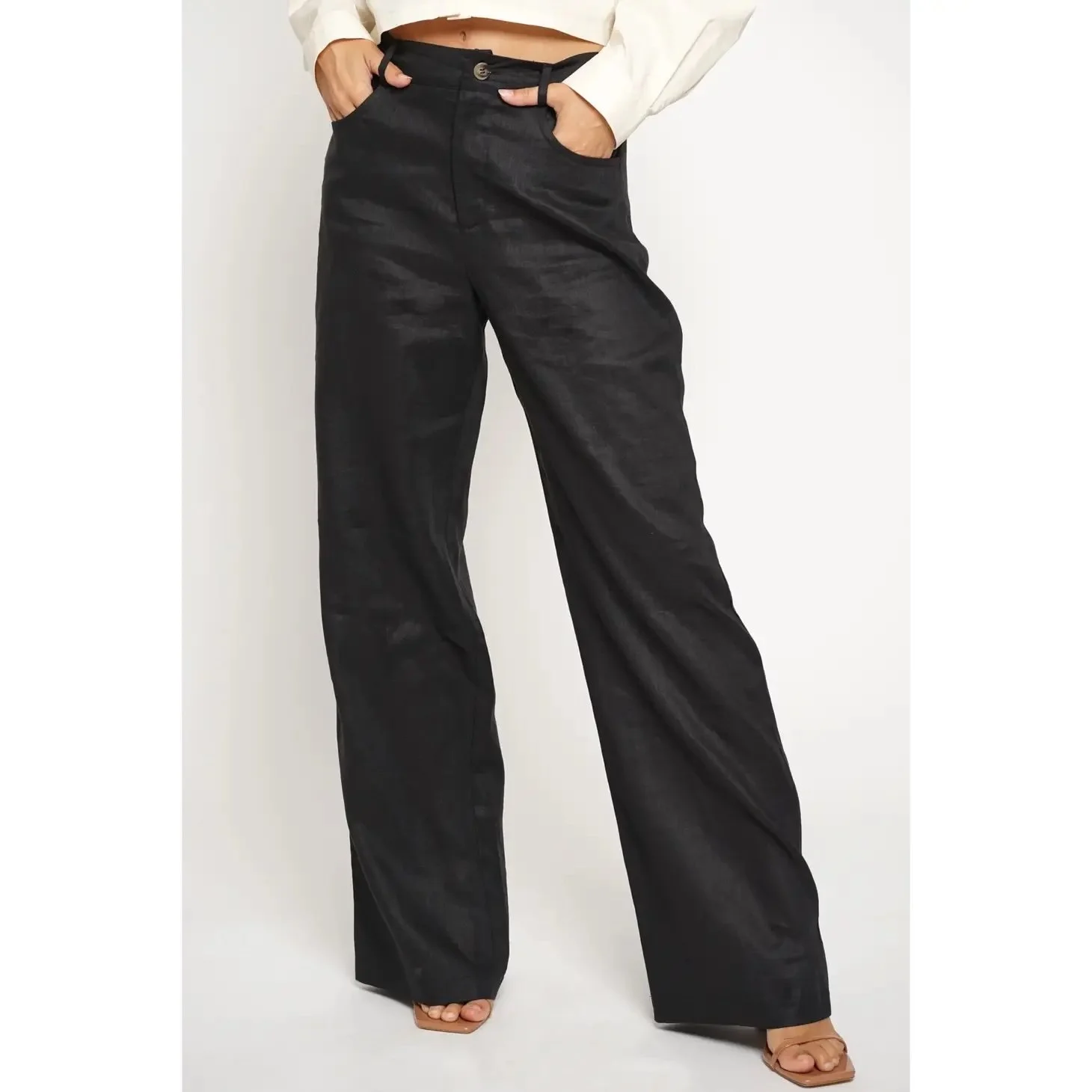 Linen Flat Front Trousers Black