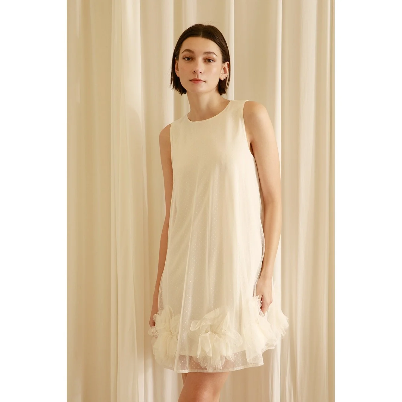 Swiss Dot Floral Swing Dress Ivory