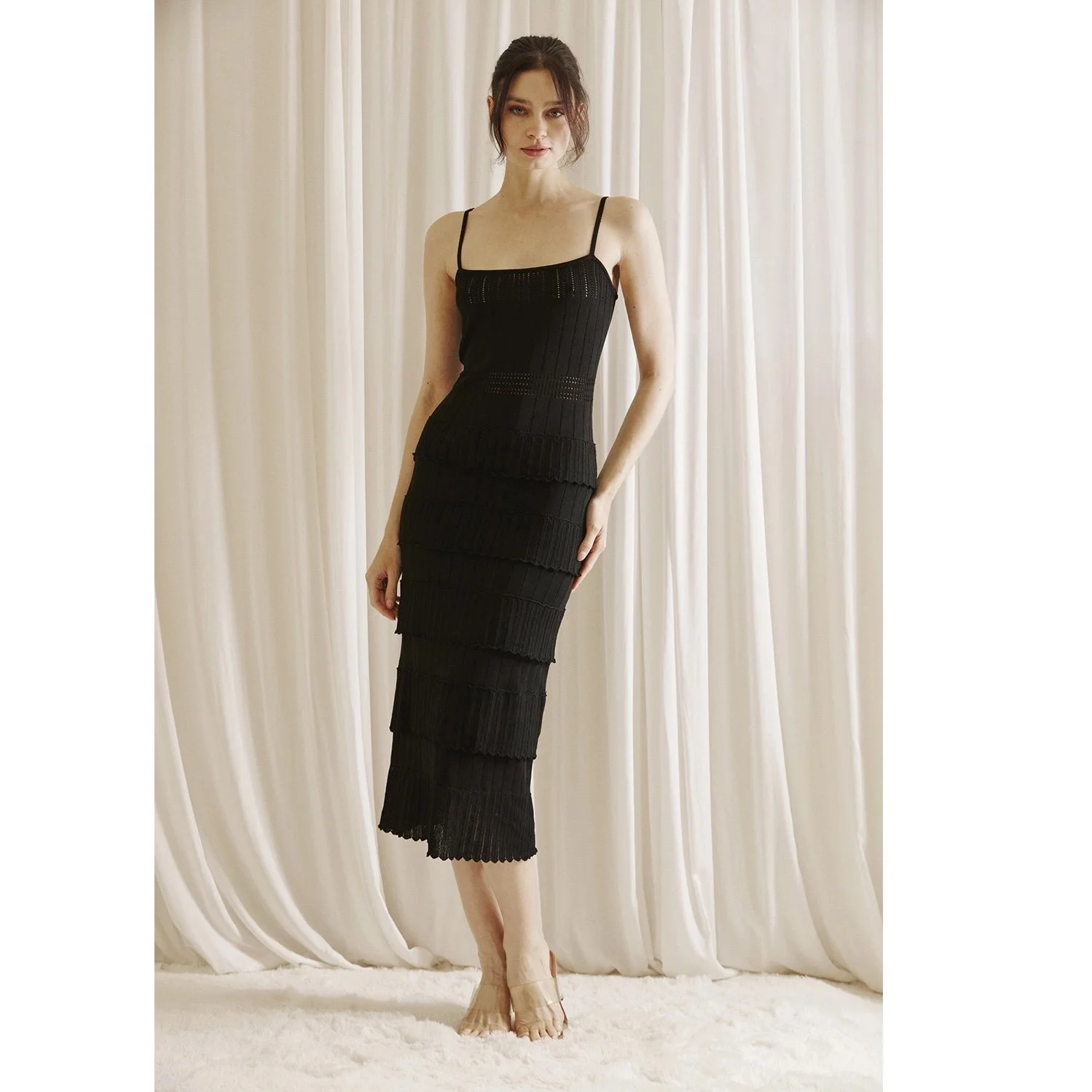 Ruffle Knit Bodycon Midi Dress Black