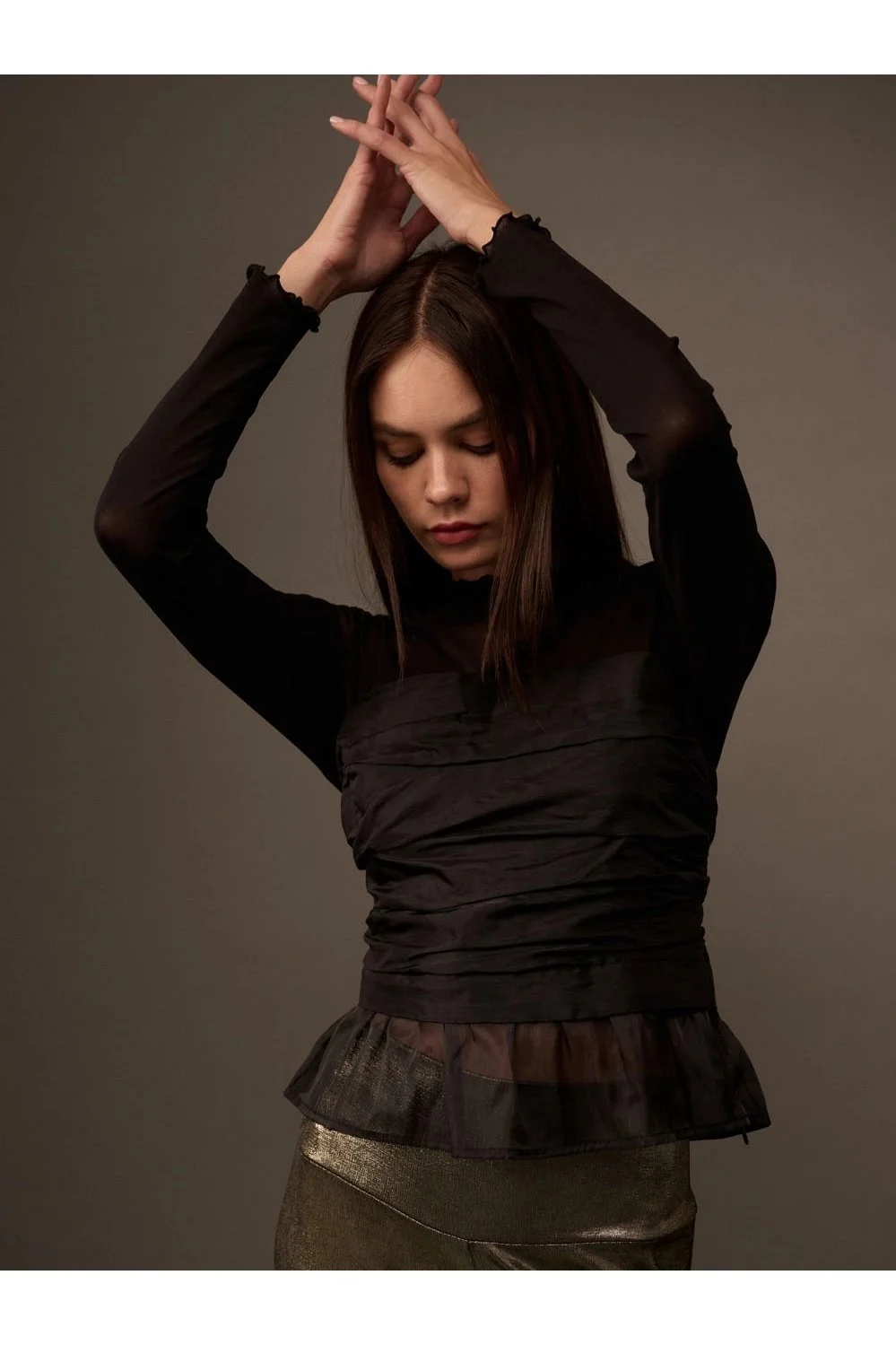 Ruched Bodice Mesh Blouse Black