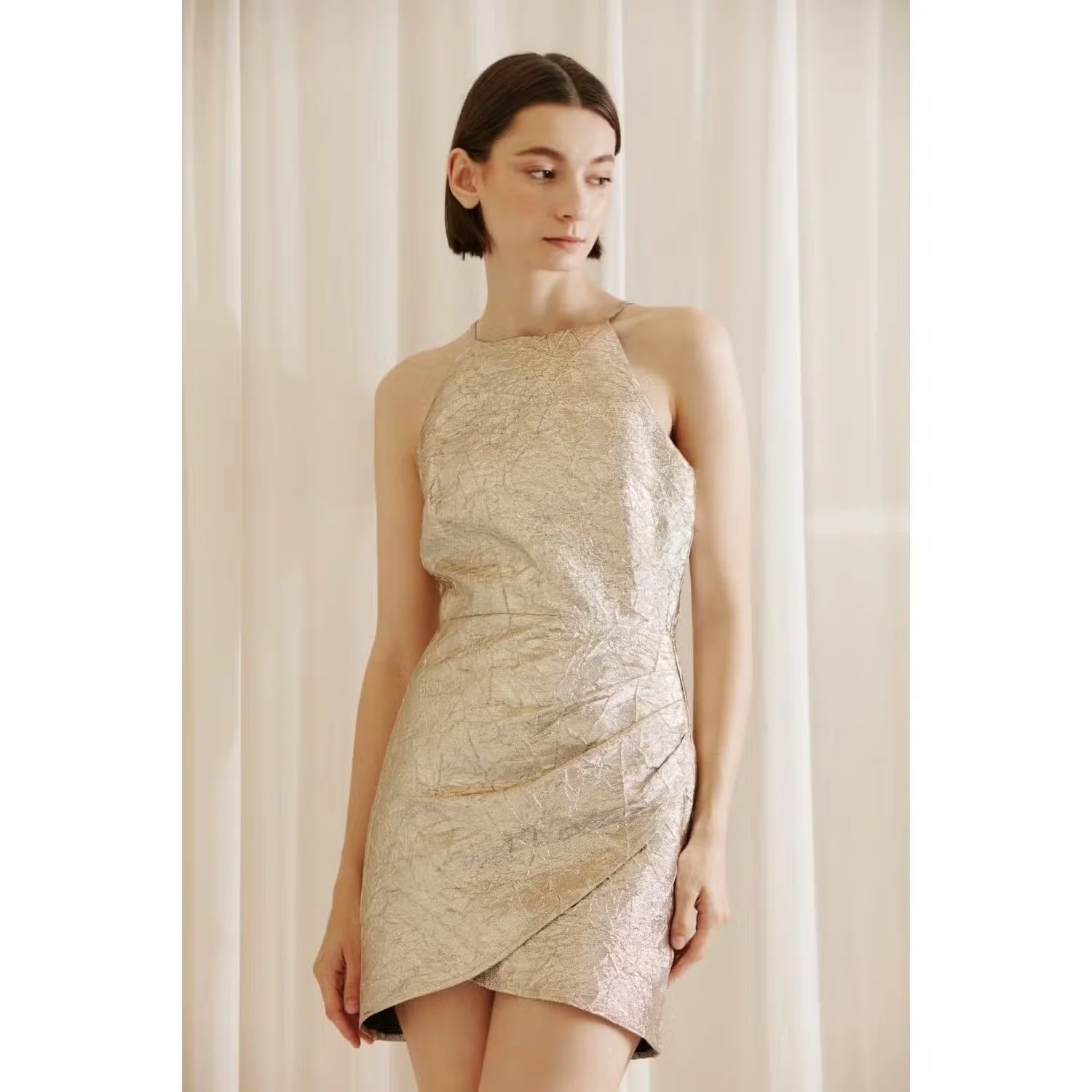 knee length dresses for ladies Organza Sleeve Detailed Metallic Crinkle Jacquard Dress – John Paul Ataker main image 0