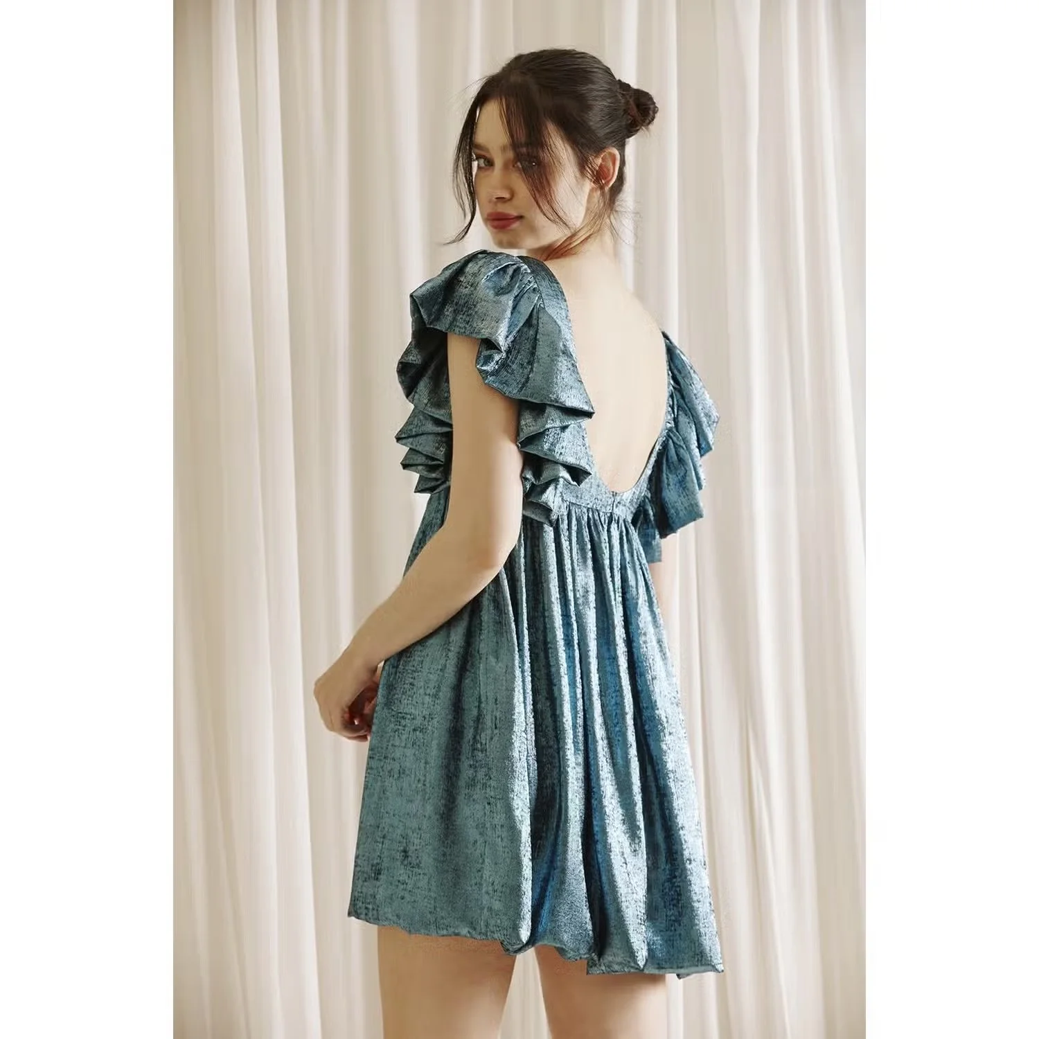 metallic babydoll dress Helen Floral Jacquard Bustier Babydoll Mini Dress American Threads Champagne / M