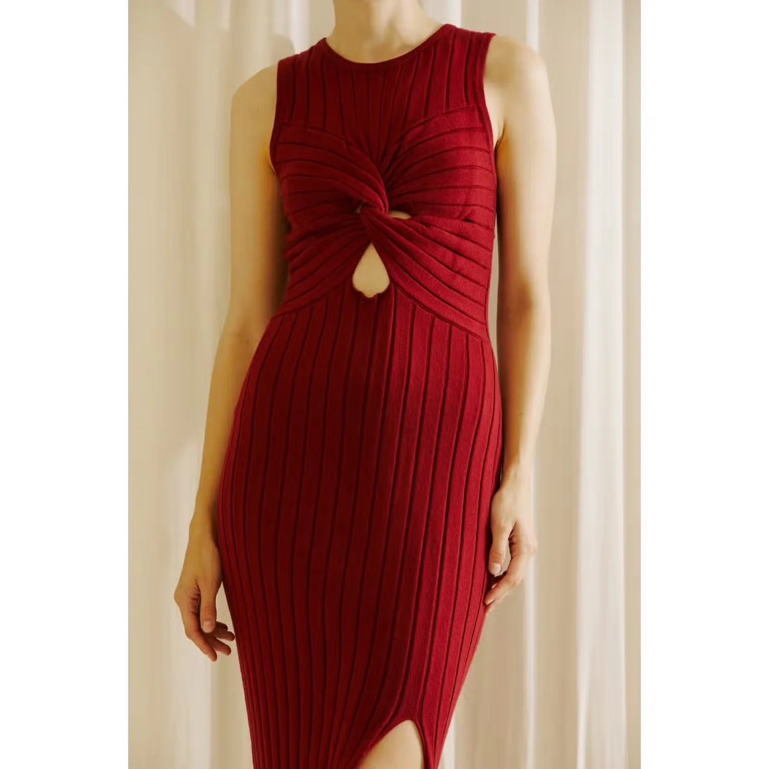 sweater bodycon midi dress Rihoas V Neck Bodycon Sweater Dress, Apricot / L main image 1